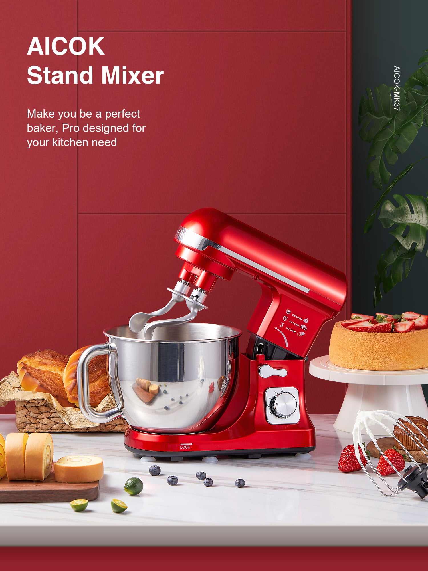 AICOK Stand Mixer 5.5Qt, Double Dough Hooks, Whisk, Beater, 6-Speed, Red