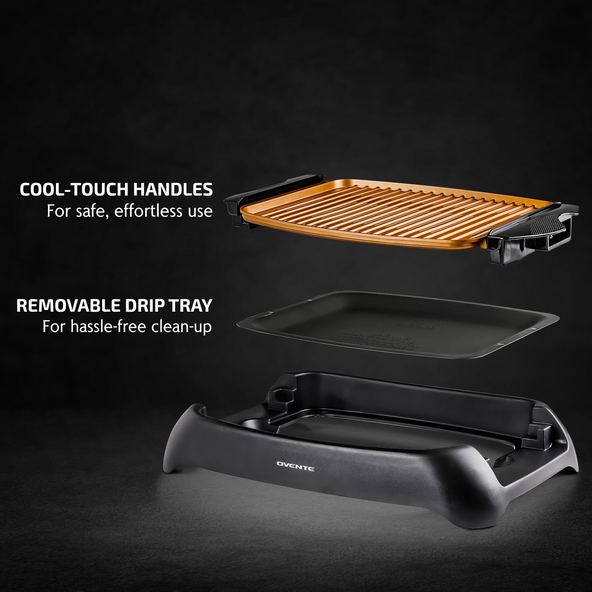 Ovente Electric Indoor Grill 13 x 10 Inch Nonstick Plate, Temperature Control with Large Grilling Surface Perfect for Cooking BBQ and Party, Portable and Easy to Clean Oil Drip Pan, Copper GD1632NLCO