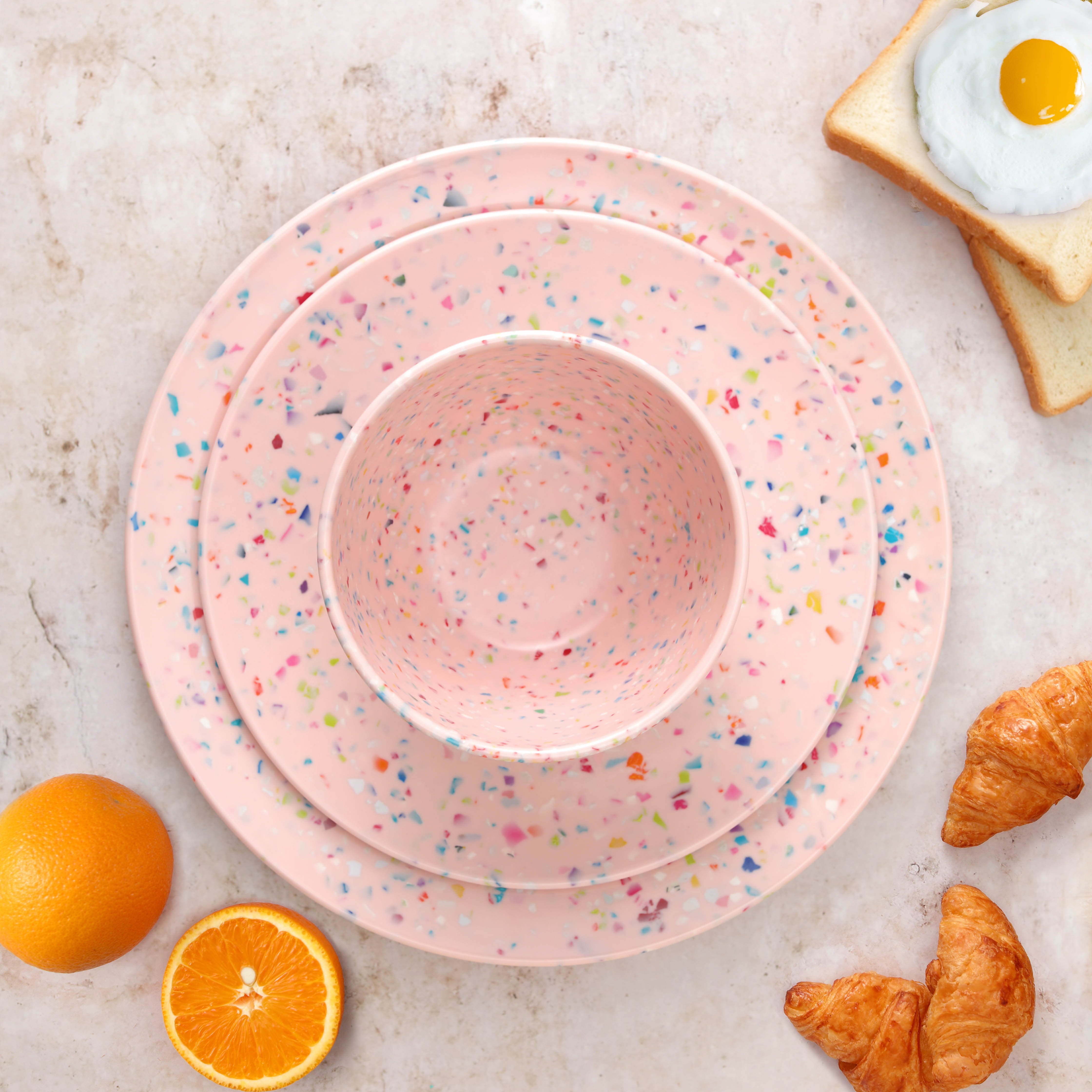 Zak Designs 12-Piece Confetti Melamine Plastic Dinnerware Set Dinner Plates Salad Plates Individual Bowls Durable Eco-Friendly Service for 4 BPA Free, Primrose