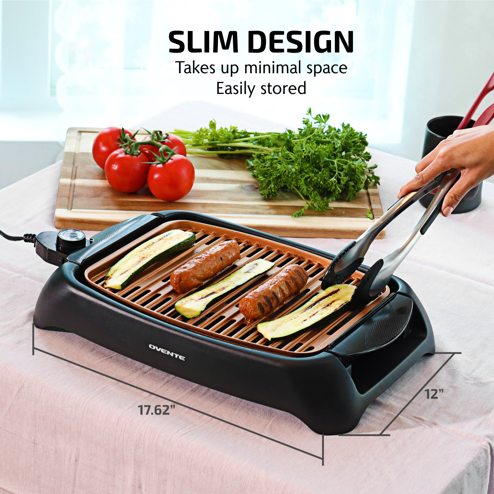 Ovente Electric Indoor Grill 13 x 10 Inch Nonstick Plate, Temperature Control with Large Grilling Surface Perfect for Cooking BBQ and Party, Portable and Easy to Clean Oil Drip Pan, Copper GD1632NLCO
