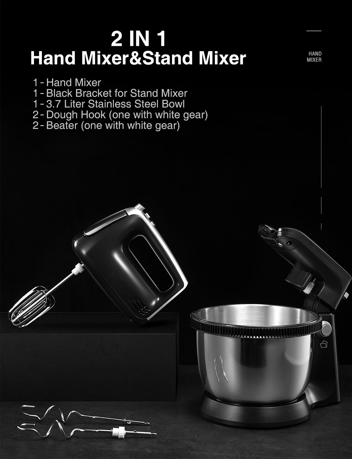AICOOK Electric Beater, with 3.5 Liter Bowl (360 ° Uniform Rotation), 5 Speed Plus Turbo Stand Mixers with 2 Whisks and 2 Dough Hooks for Dough, Cream, Cake, Eject Function