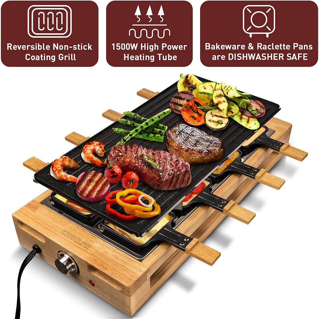 Indoor Grill COKLAI Raclette Grill Table Electric Grill Reversible Non-stick Plate with 8 Trays and Wooden Spatulas