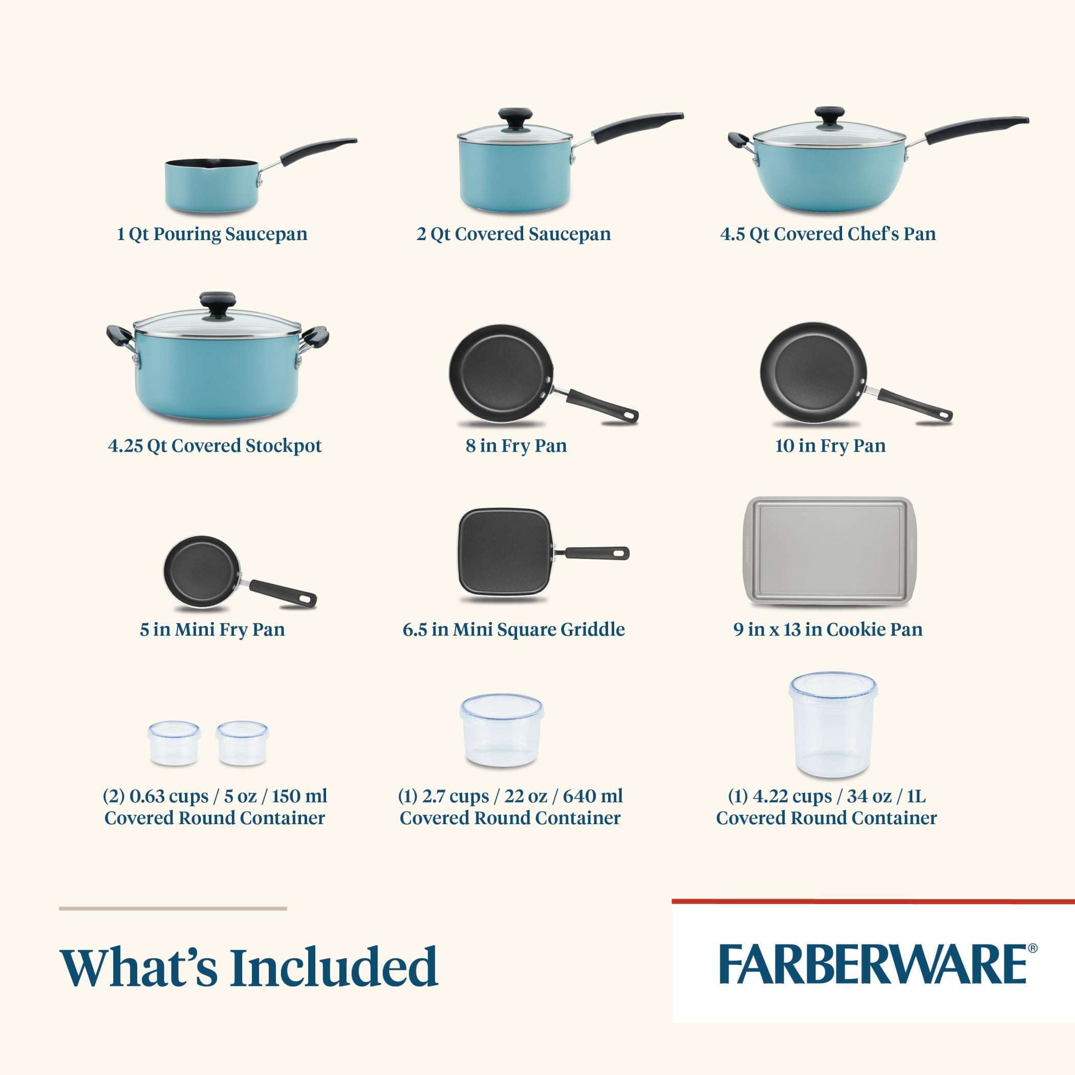 Farberware 20 Pc Easy Clean Aluminum Nonstick Cookware Pots and Pans Set, Aqua