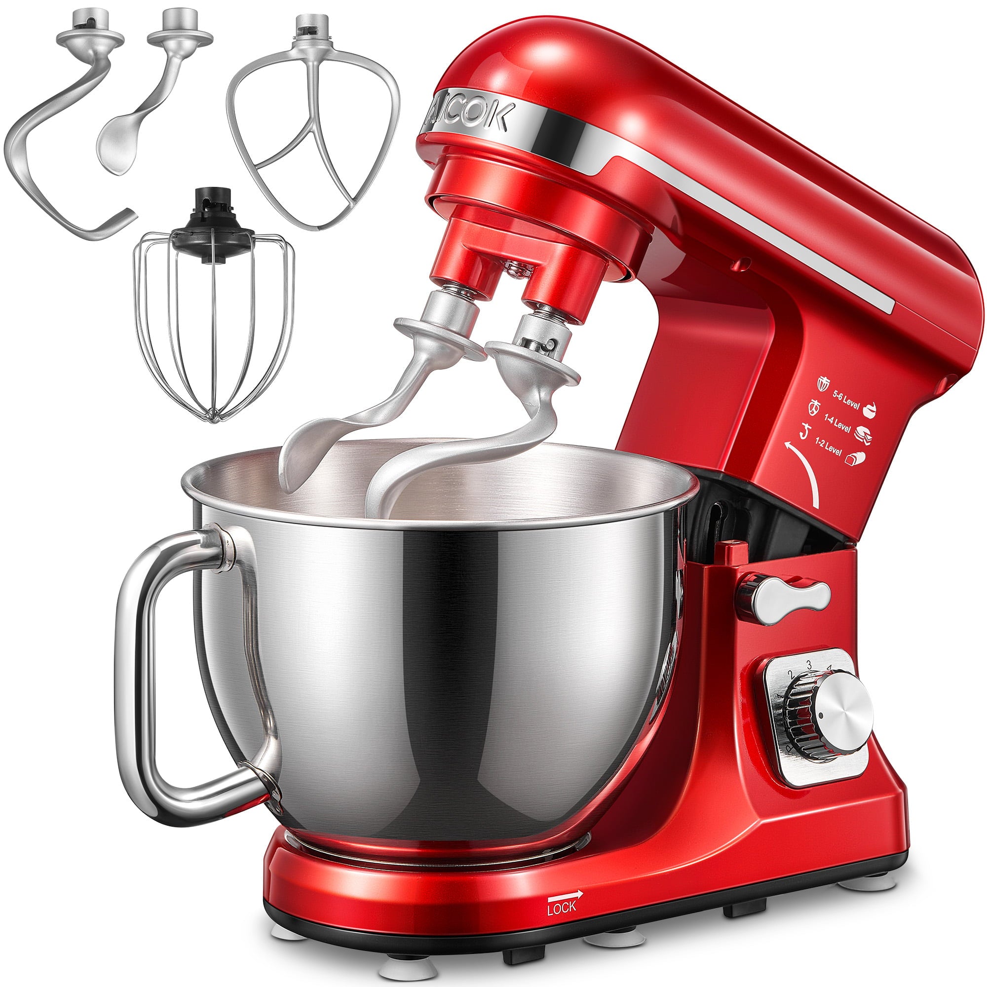 AICOK Stand Mixer 5.5Qt, Double Dough Hooks, Whisk, Beater, 6-Speed, Red