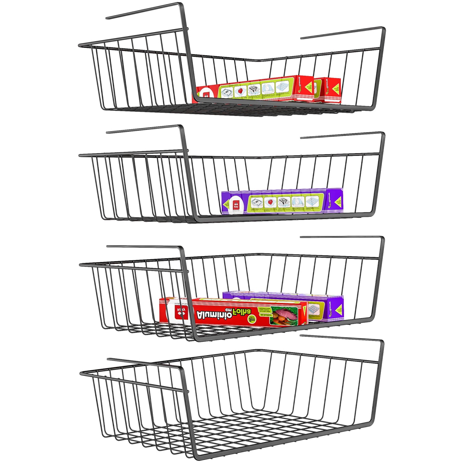 iSPECLE 4 Pack Under Shelf Basket Storage Organizer Hanging Baskets, 16.75"x10.25"x3.5", Black