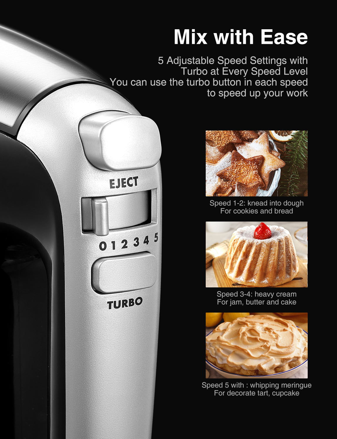 AICOOK Electric Beater, with 3.5 Liter Bowl (360 ° Uniform Rotation), 5 Speed Plus Turbo Stand Mixers with 2 Whisks and 2 Dough Hooks for Dough, Cream, Cake, Eject Function
