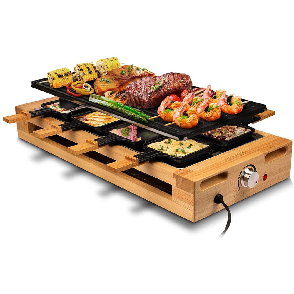 Indoor Grill COKLAI Raclette Grill Table Electric Grill Reversible Non-stick Plate with 8 Trays and Wooden Spatulas