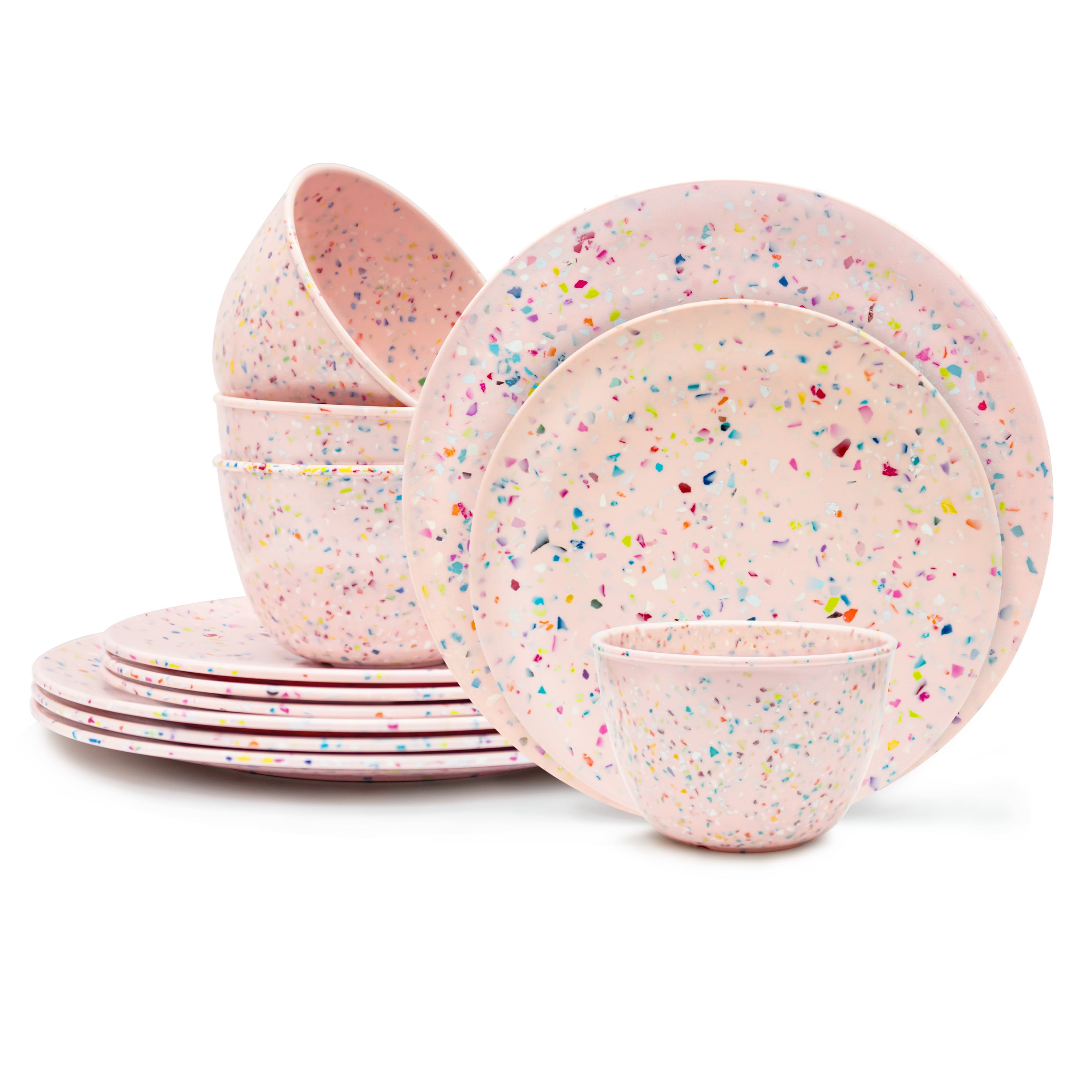 Zak Designs 12-Piece Confetti Melamine Plastic Dinnerware Set Dinner Plates Salad Plates Individual Bowls Durable Eco-Friendly Service for 4 BPA Free, Primrose
