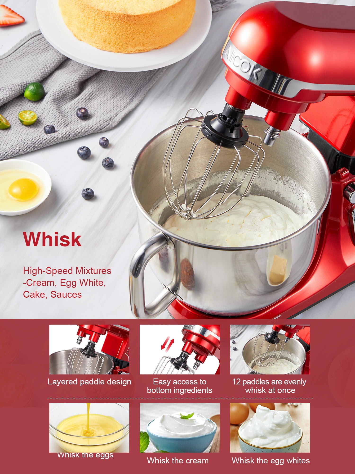 AICOK Stand Mixer 5.5Qt, Double Dough Hooks, Whisk, Beater, 6-Speed, Red