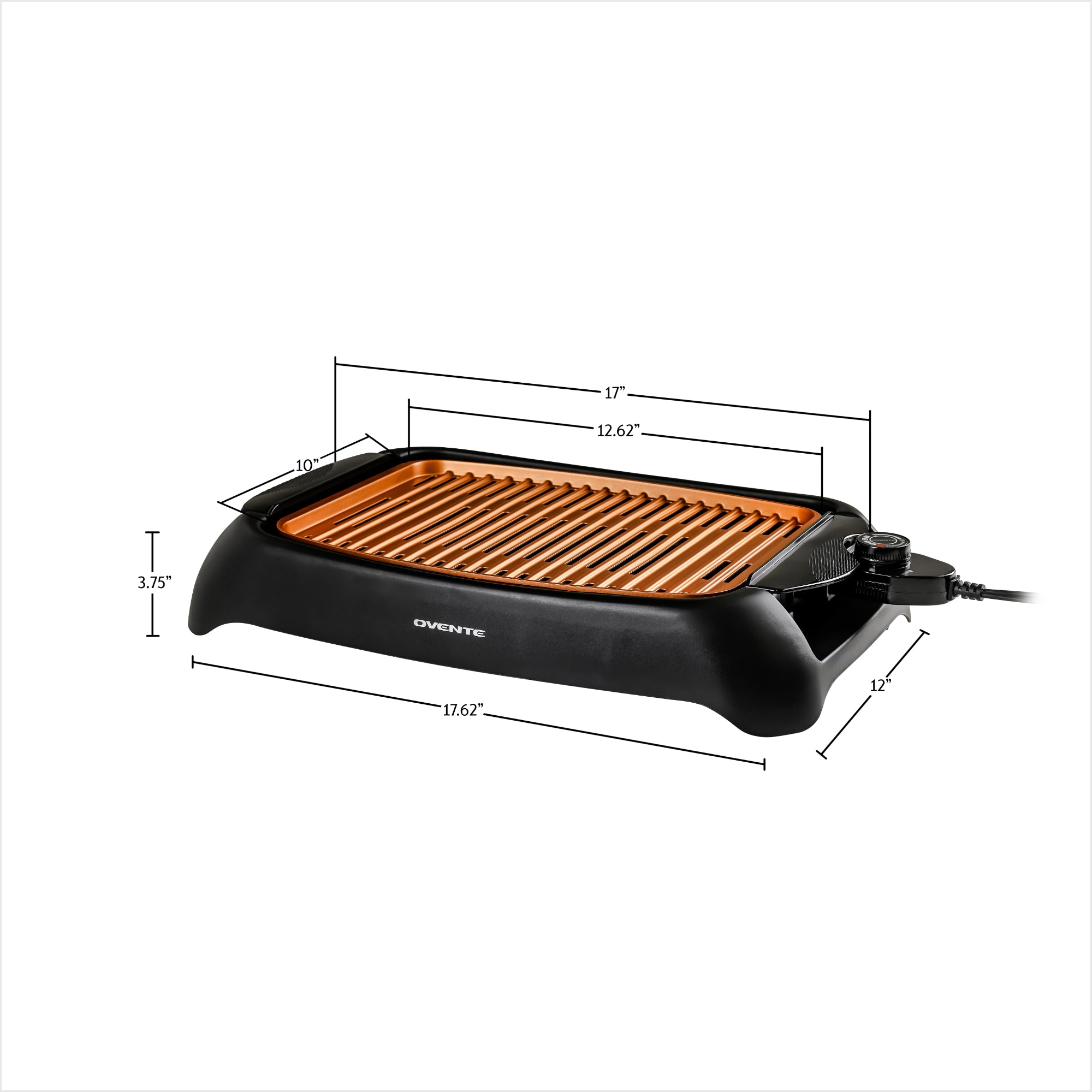 Ovente Electric Indoor Grill 13 x 10 Inch Nonstick Plate, Temperature Control with Large Grilling Surface Perfect for Cooking BBQ and Party, Portable and Easy to Clean Oil Drip Pan, Copper GD1632NLCO
