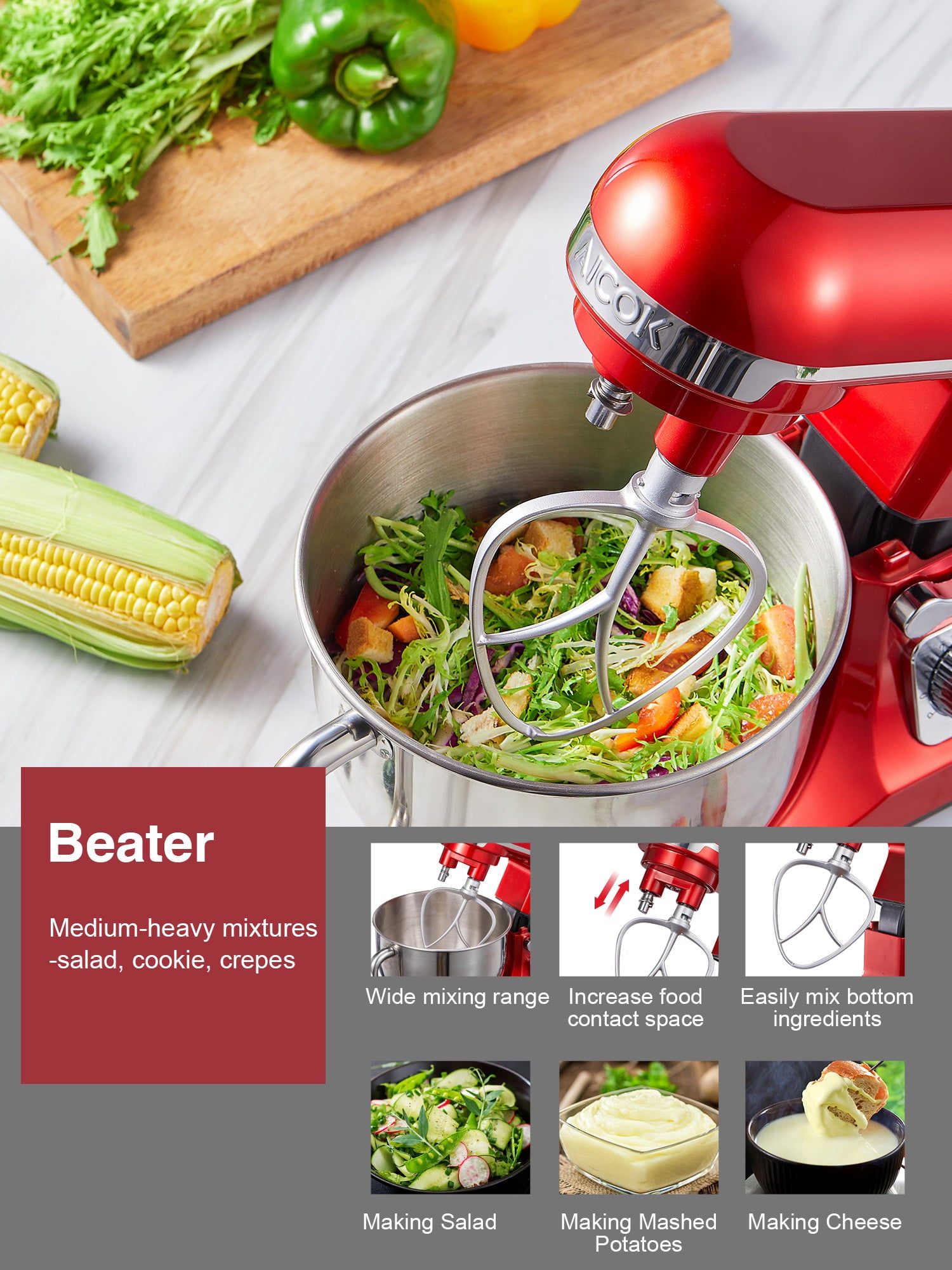 AICOK Stand Mixer 5.5Qt, Double Dough Hooks, Whisk, Beater, 6-Speed, Red