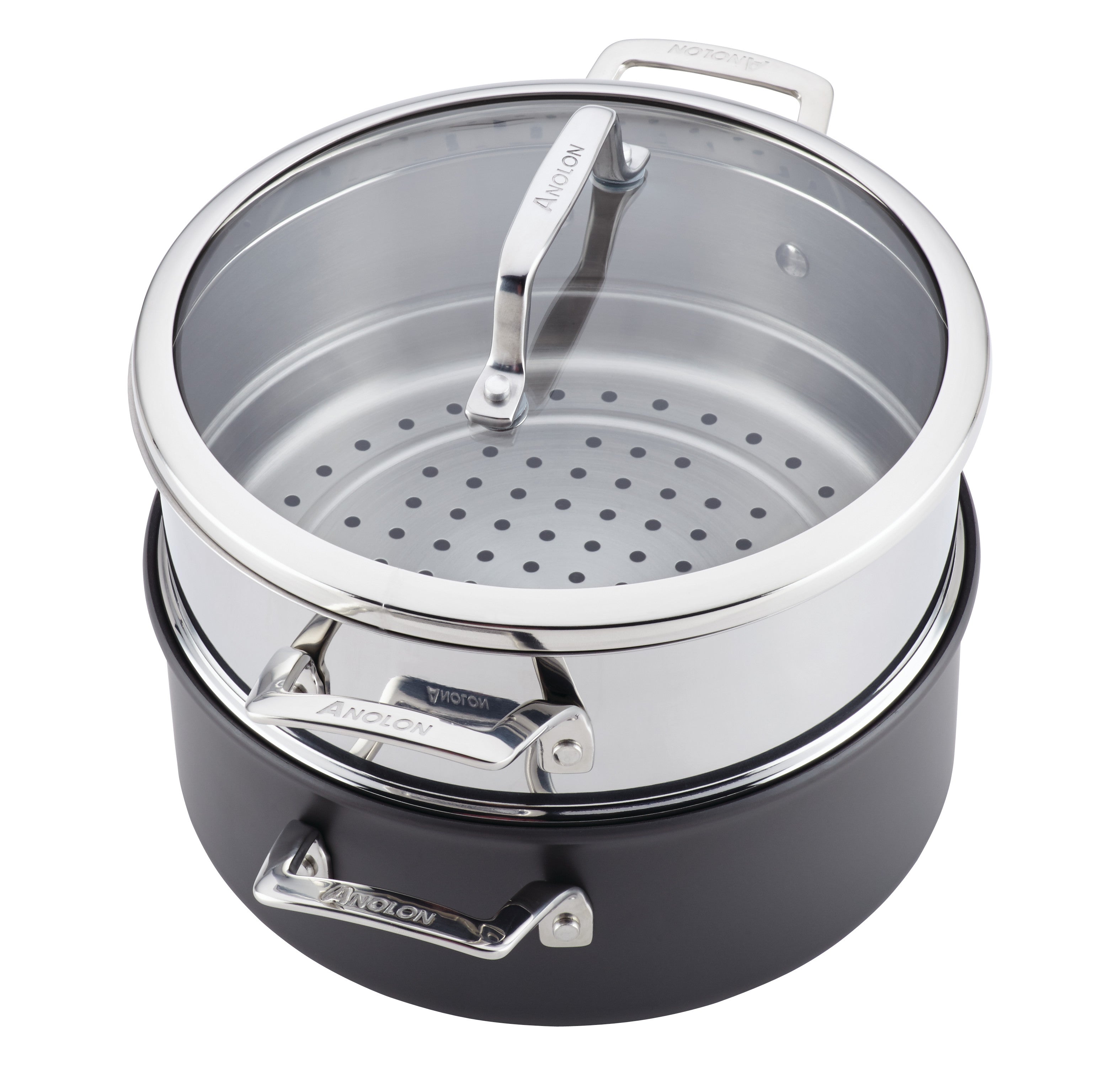 Anolon Authority Hard-Anodized Non-stick Covered Dutch Oven with Steamer Insert, 5 Quart, Gray