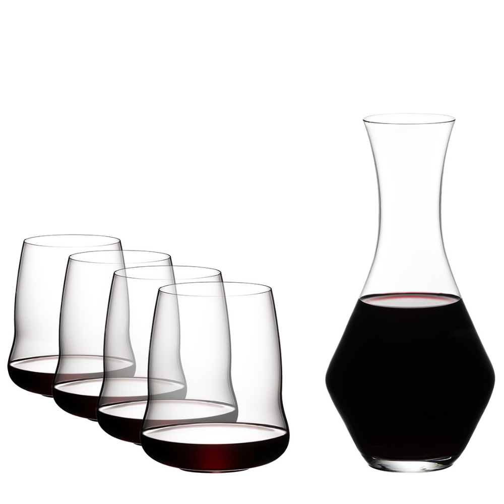 Riedel Stemless Wings Set, 4 Cabernet glasses & 1 Merlot Decanter