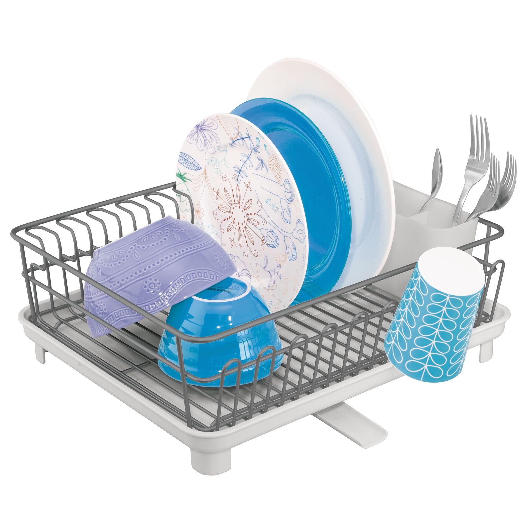 mDesign Alloy Steel Sink Dish Drying Rack Holder with Plastic Swivel Spout Drainboard Tray