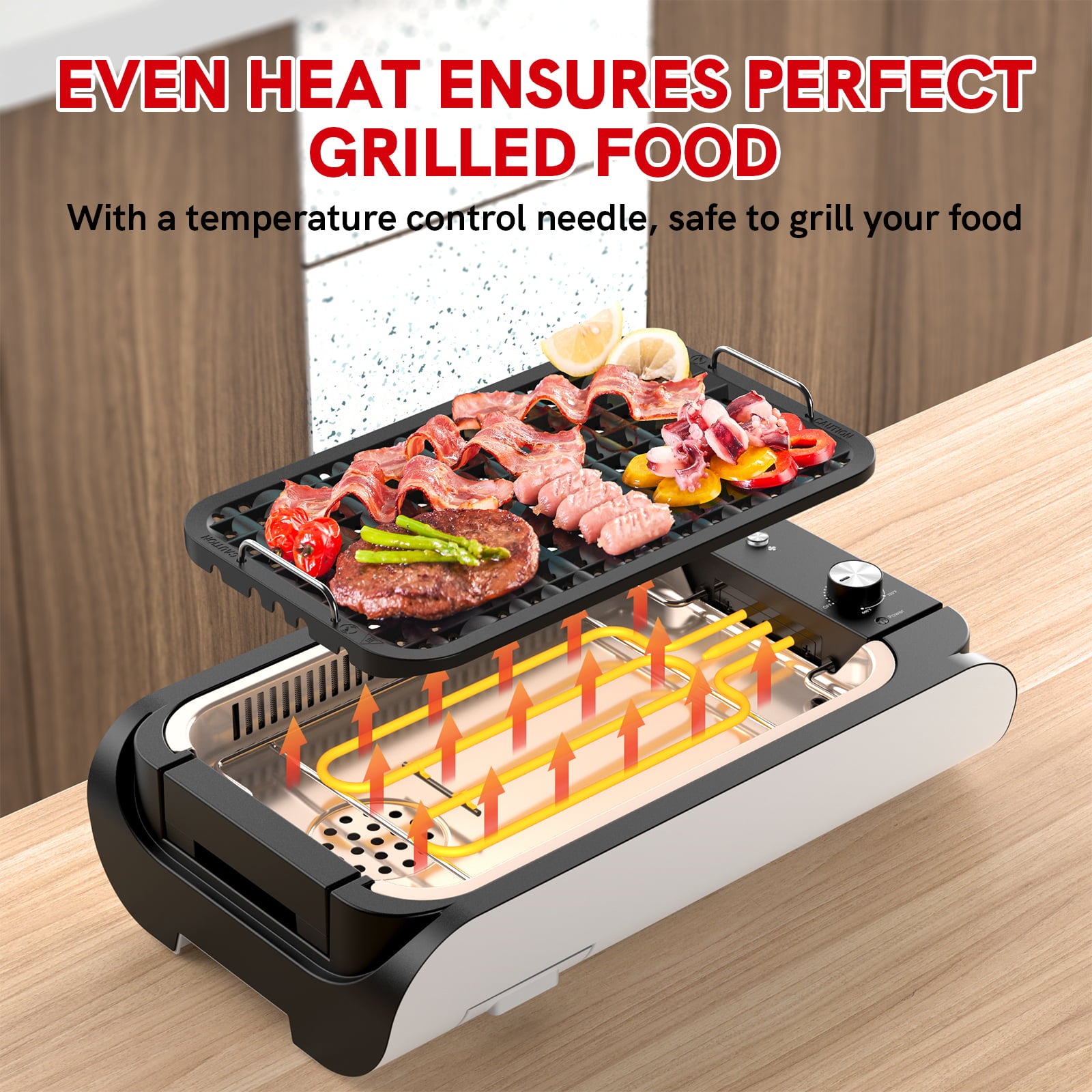 CalmDo Electric Grill, Smokeless Indoor Grill with Tempered Glass Lid, Large Surface and Removable Nonstick Grill, Fast Even Heating/Machine Washable for Garden, Balcony, Travel