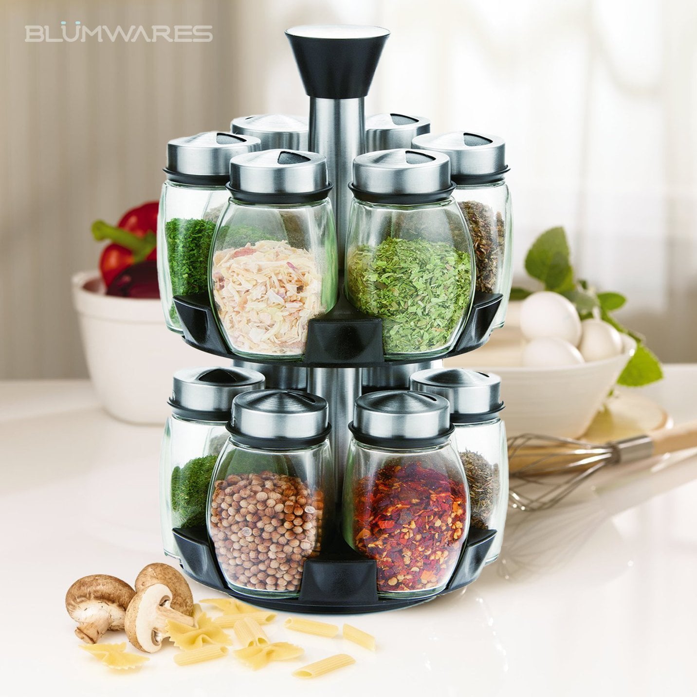Belwares Spice Jar Rack, 12 Durable Glass Jars in Sleek & Attractive Carousel