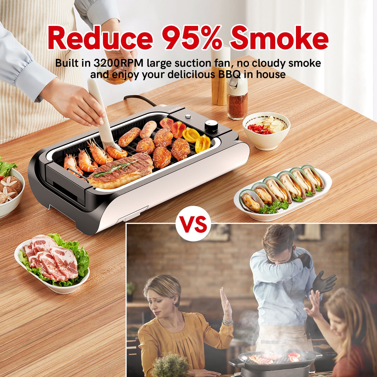 CalmDo Electric Grill, Smokeless Indoor Grill with Tempered Glass Lid, Large Surface and Removable Nonstick Grill, Fast Even Heating/Machine Washable for Garden, Balcony, Travel