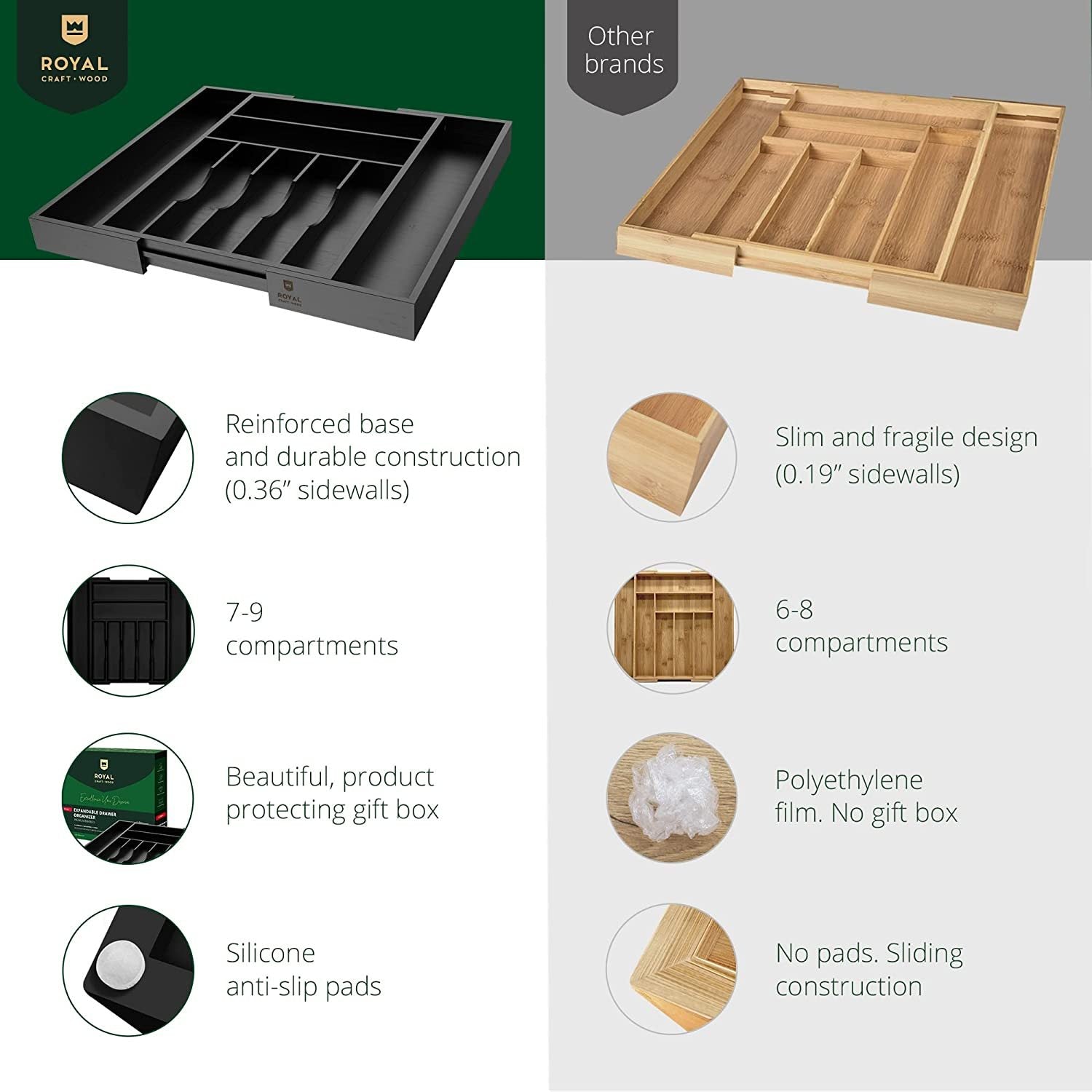 ROYAL CRAFT WOOD Luxury Bamboo Kitchen Drawer Organizer - Silverware Organizer