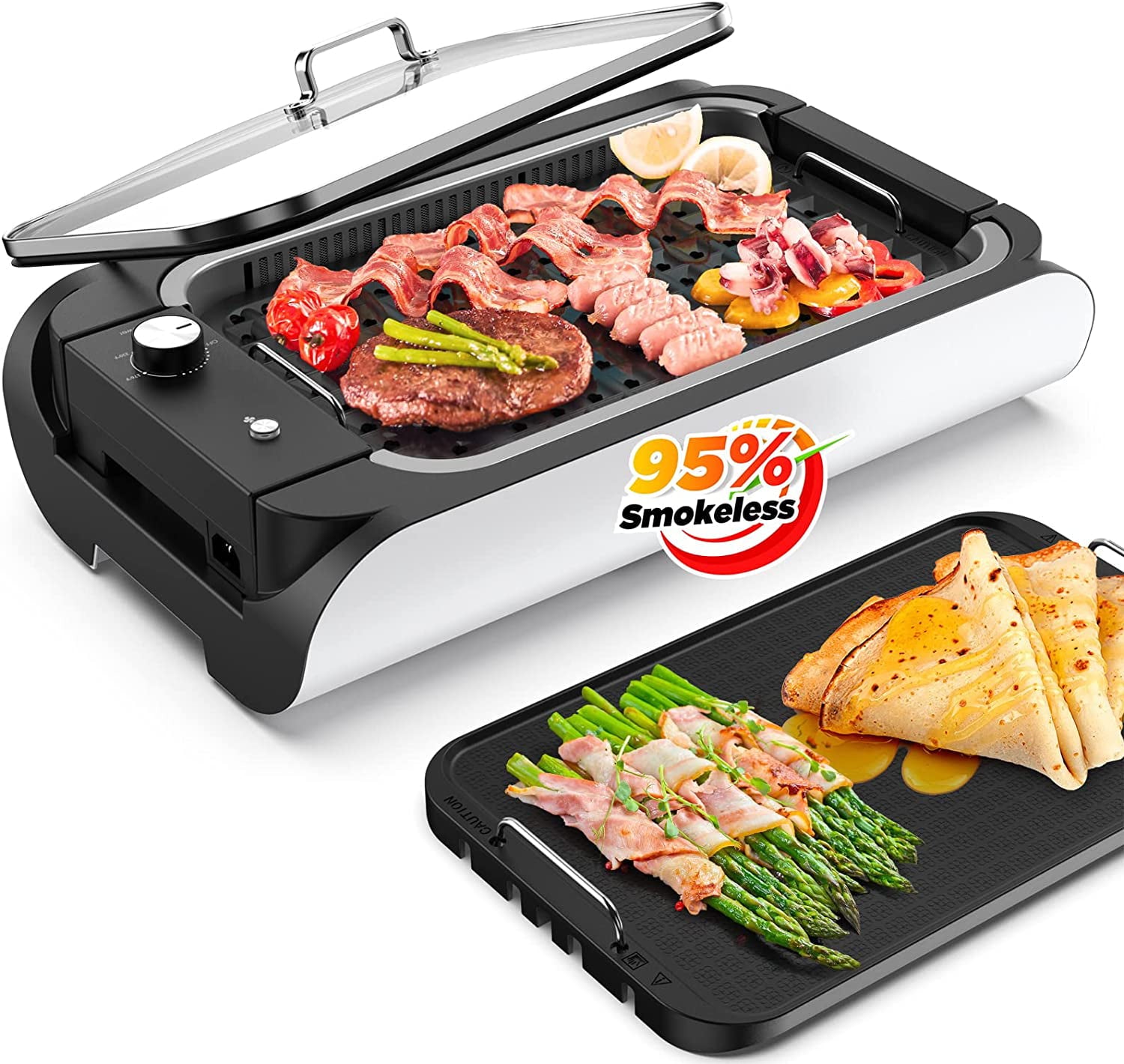 CalmDo Electric Grill, Smokeless Indoor Grill with Tempered Glass Lid, Large Surface and Removable Nonstick Grill, Fast Even Heating/Machine Washable for Garden, Balcony, Travel