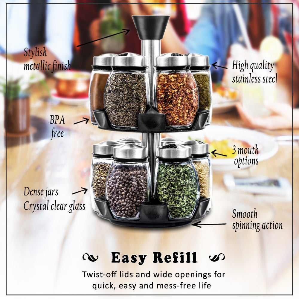 Belwares Spice Jar Rack, 12 Durable Glass Jars in Sleek & Attractive Carousel
