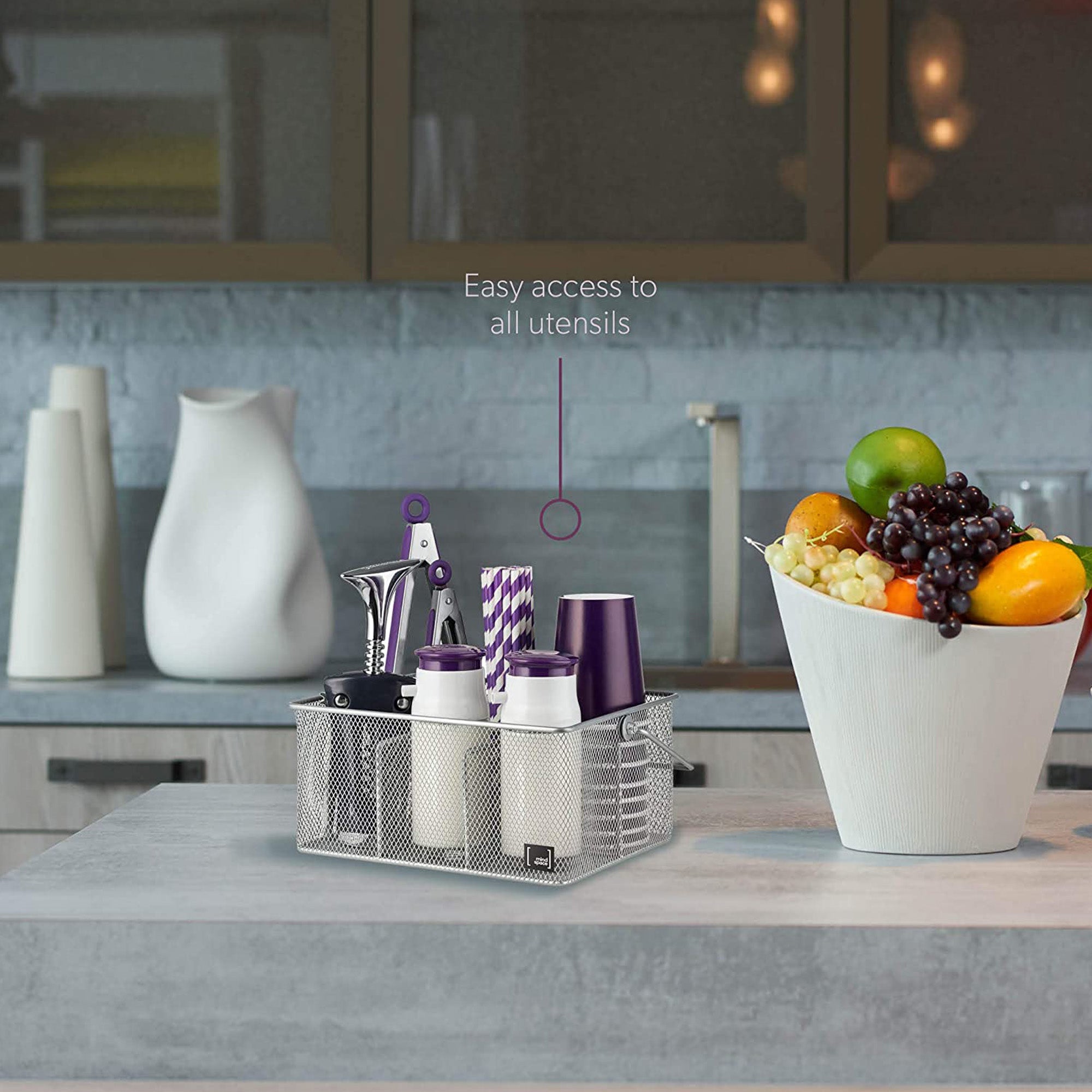 Mindspace Utensil Holder with 4 Compartments Kitchen Organization for Utensils Seasoning Organizer Silver