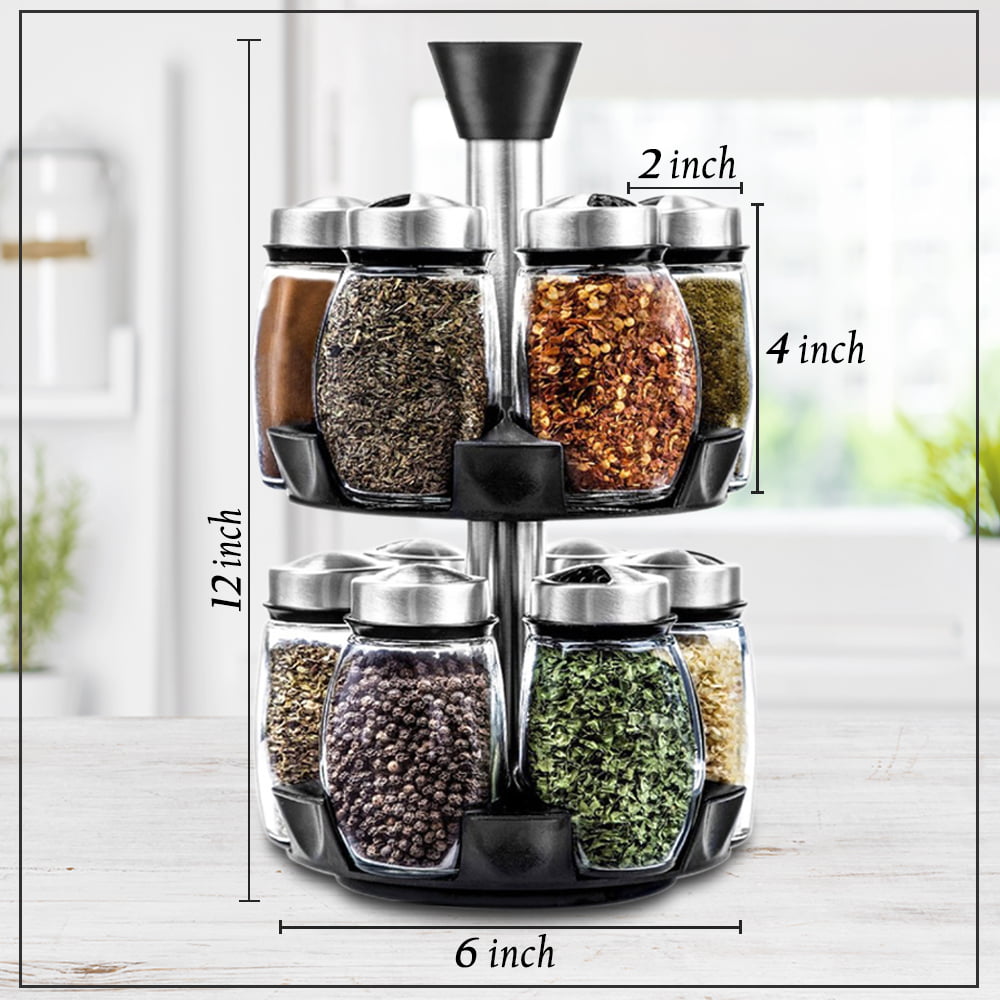 Belwares Spice Jar Rack, 12 Durable Glass Jars in Sleek & Attractive Carousel
