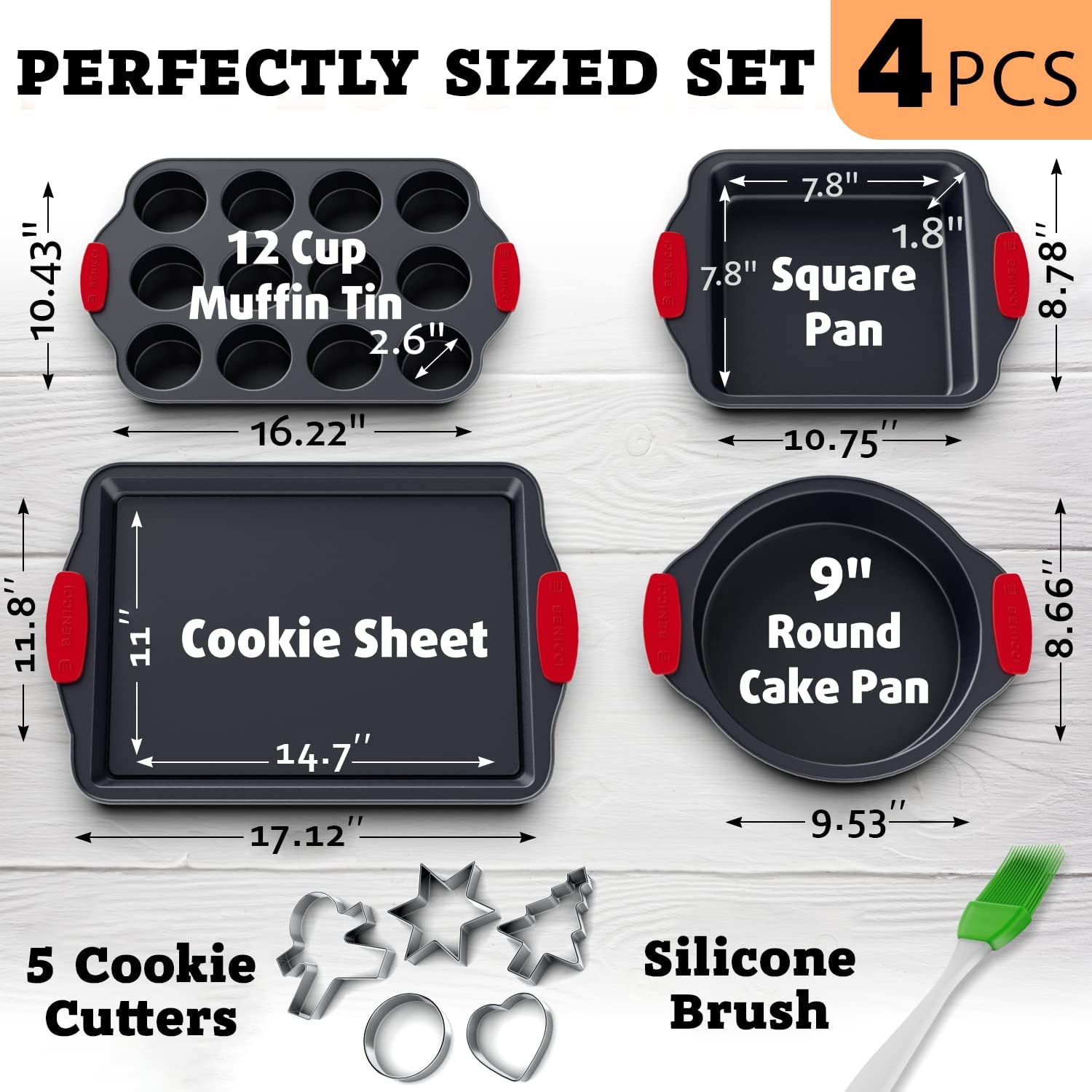 Premium Non-Stick Baking Pans Set of 4 - Includes Baking Sheet, 12 Cup Muffin Tin, Square Pan and Round Cake Pan - BPA Free, Heavy Duty, made w/ Carbon Steel - Complete Bakeware Set for Your Kitchen