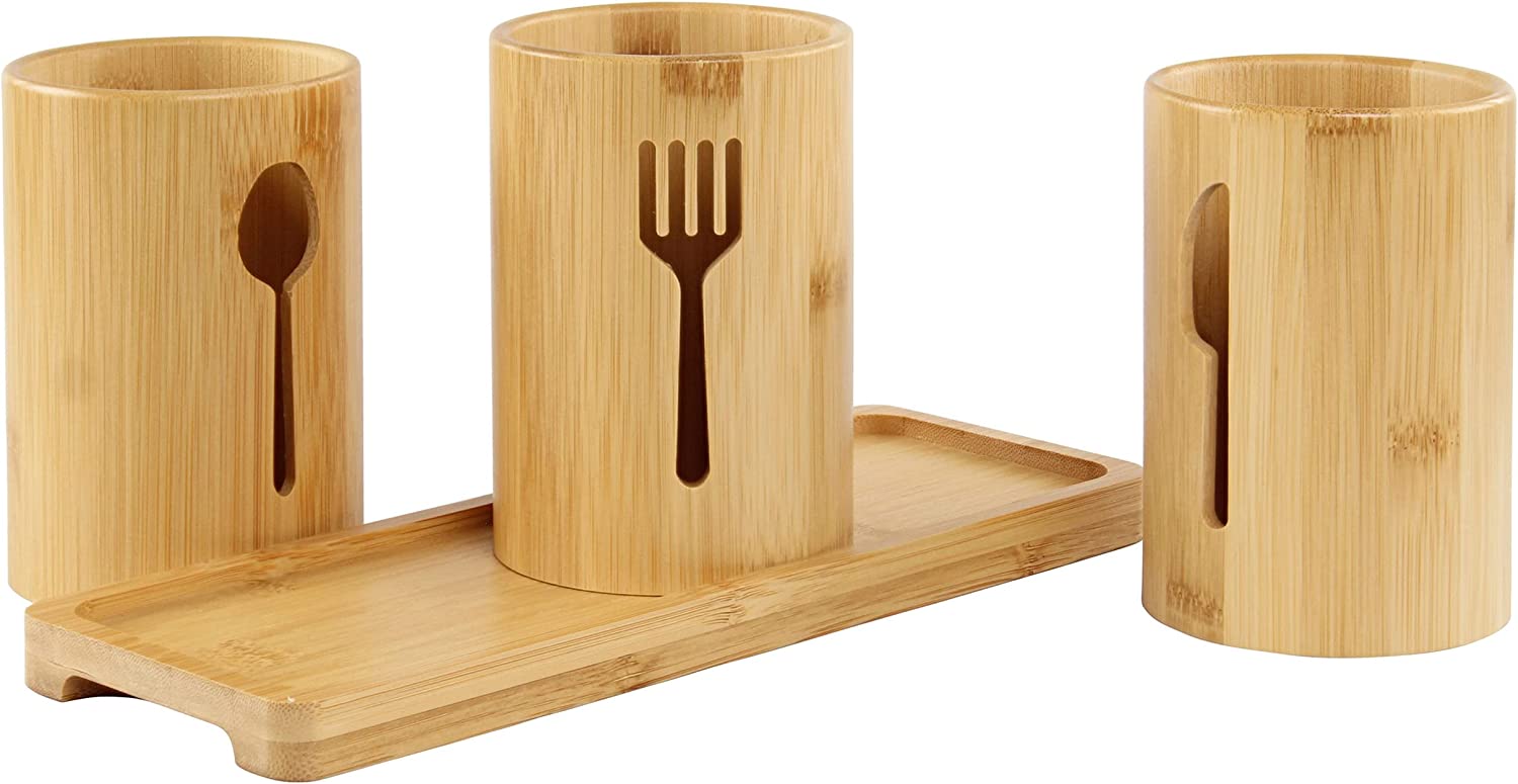 Lodge Standing Utensil Organizer Caddy - 3 Cup Bamboo Countertop Utensil Holder for Party Camping and Kitchen
