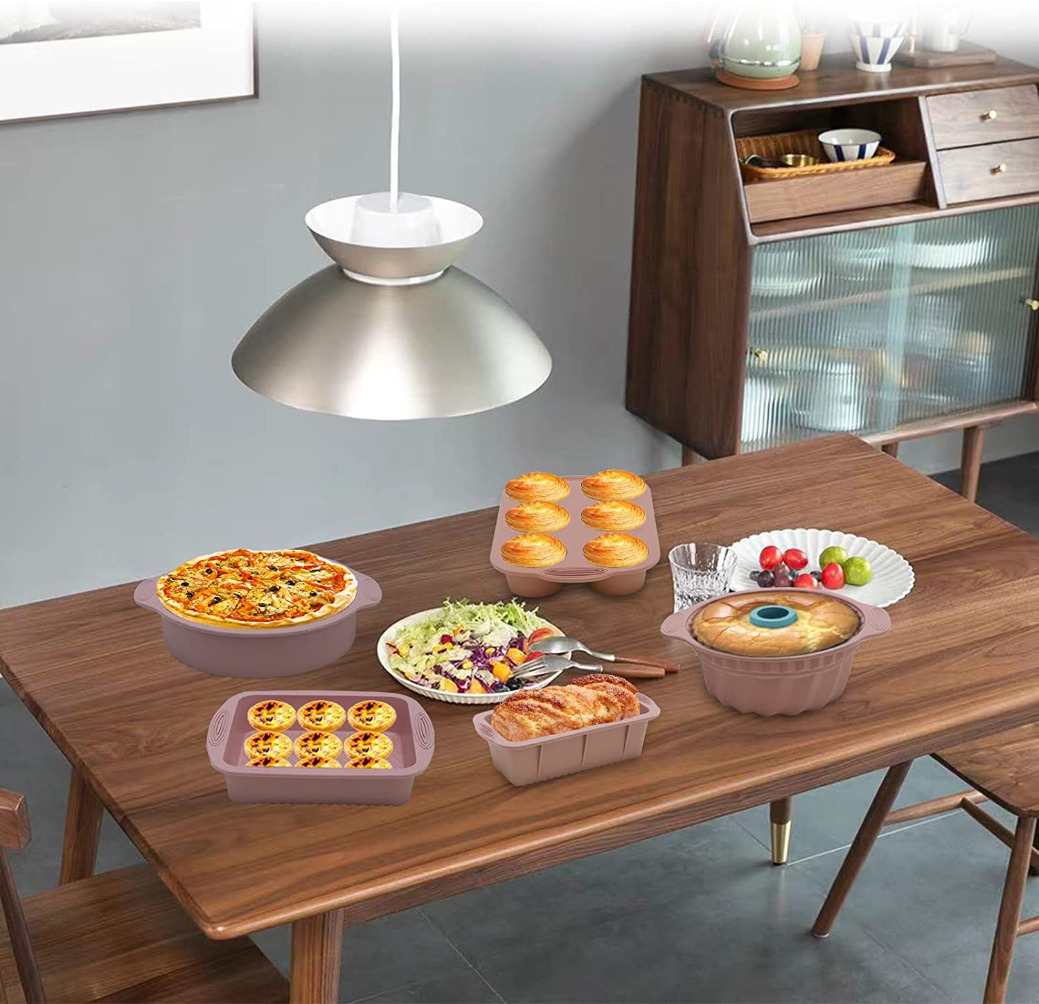 Silicone Bakeware Set Nonstick Baking Pans Cake Molds Set for Baking, Including Cookies Baking Sheet, 6 Cup Muffin Pan, Cake Pan, Bread Pan, Pizza Pan（5 Pcs ）