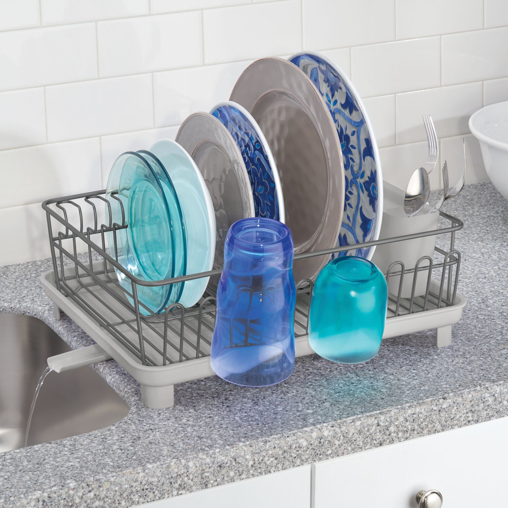 mDesign Alloy Steel Sink Dish Drying Rack Holder with Plastic Swivel Spout Drainboard Tray