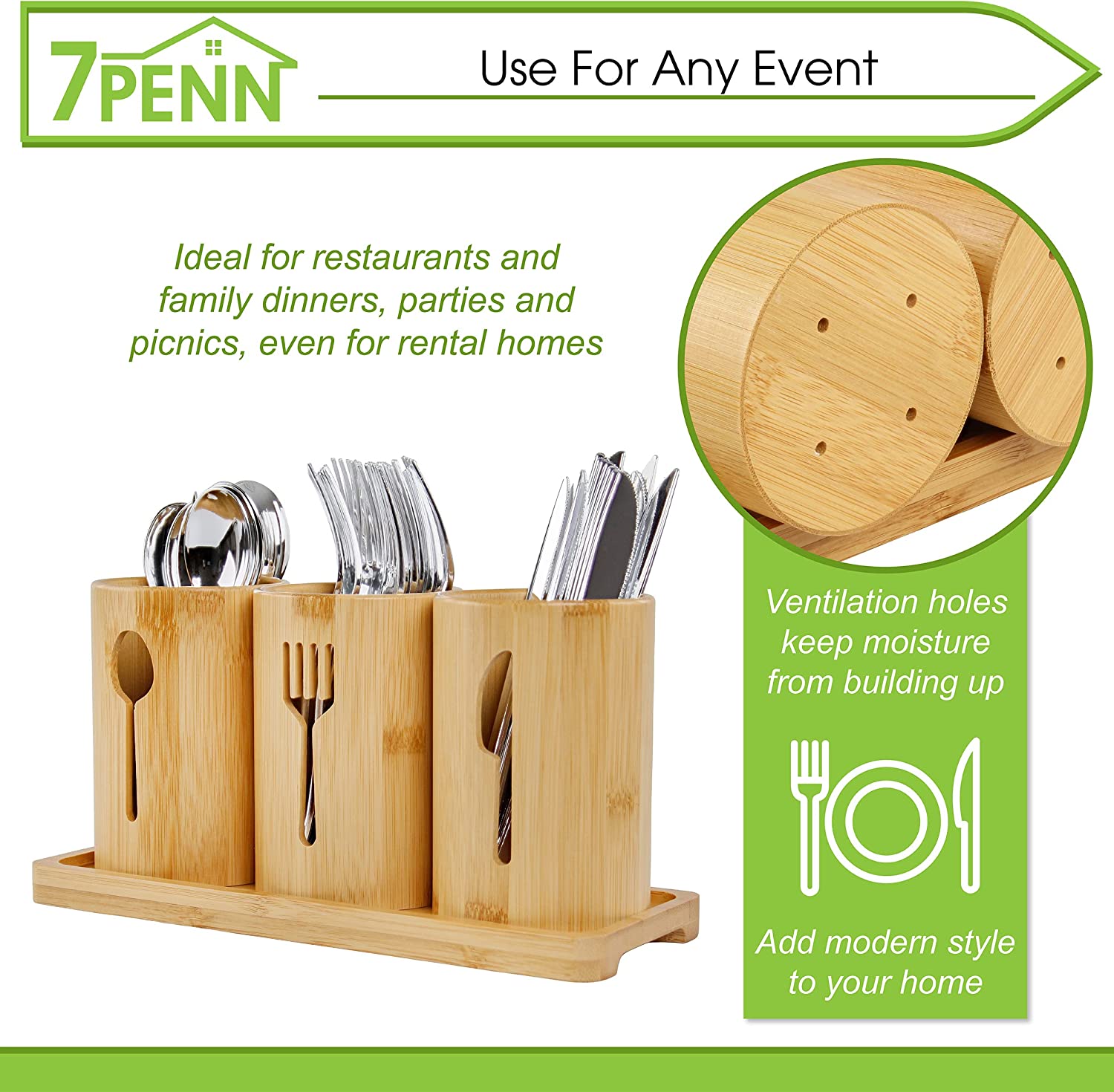 Lodge Standing Utensil Organizer Caddy - 3 Cup Bamboo Countertop Utensil Holder for Party Camping and Kitchen