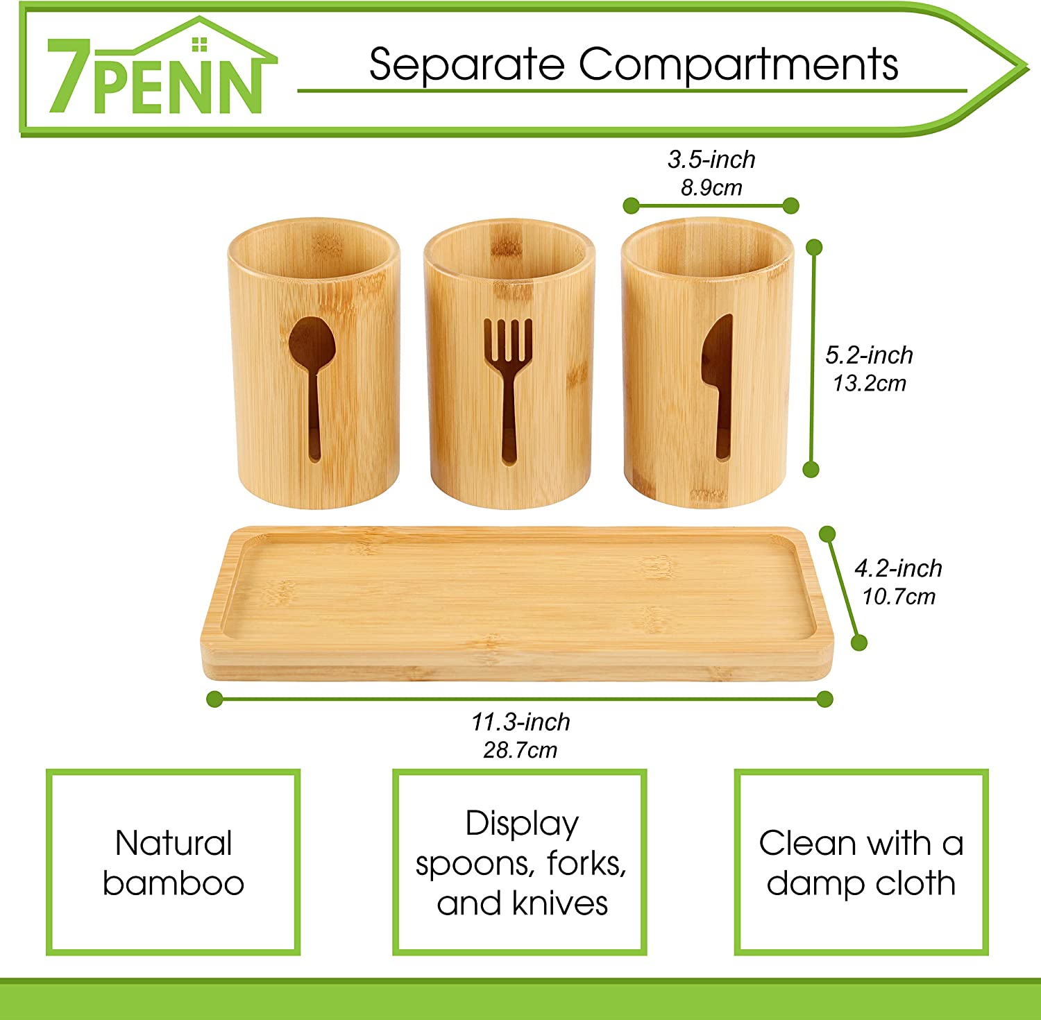 Lodge Standing Utensil Organizer Caddy - 3 Cup Bamboo Countertop Utensil Holder for Party Camping and Kitchen