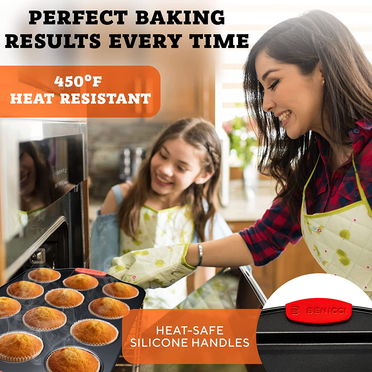 Premium Non-Stick Baking Pans Set of 4 - Includes Baking Sheet, 12 Cup Muffin Tin, Square Pan and Round Cake Pan - BPA Free, Heavy Duty, made w/ Carbon Steel - Complete Bakeware Set for Your Kitchen
