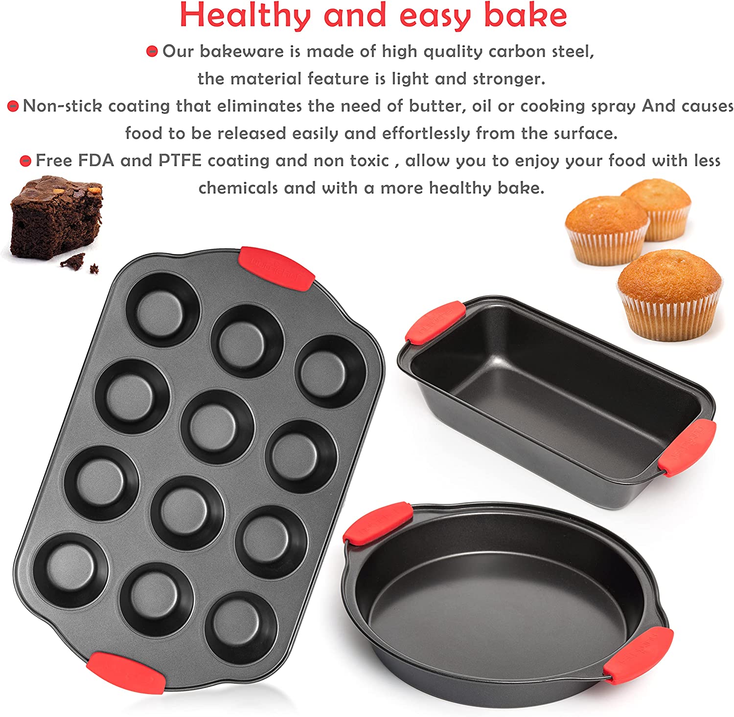 8 Piece Baking Pans Set, Oven Safe Baking Sheet Set Carbon Steel Non-Stick PTFE Coating With Heat Red Silicone Handles, Black Baking Trays
