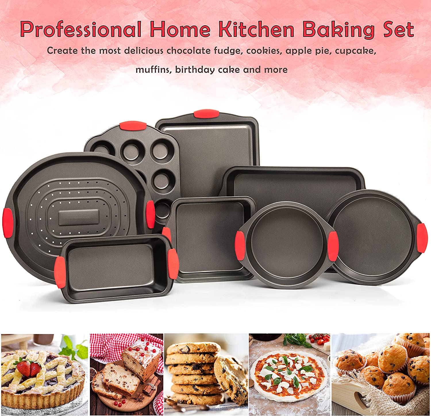8 Piece Baking Pans Set, Oven Safe Baking Sheet Set Carbon Steel Non-Stick PTFE Coating With Heat Red Silicone Handles, Black Baking Trays