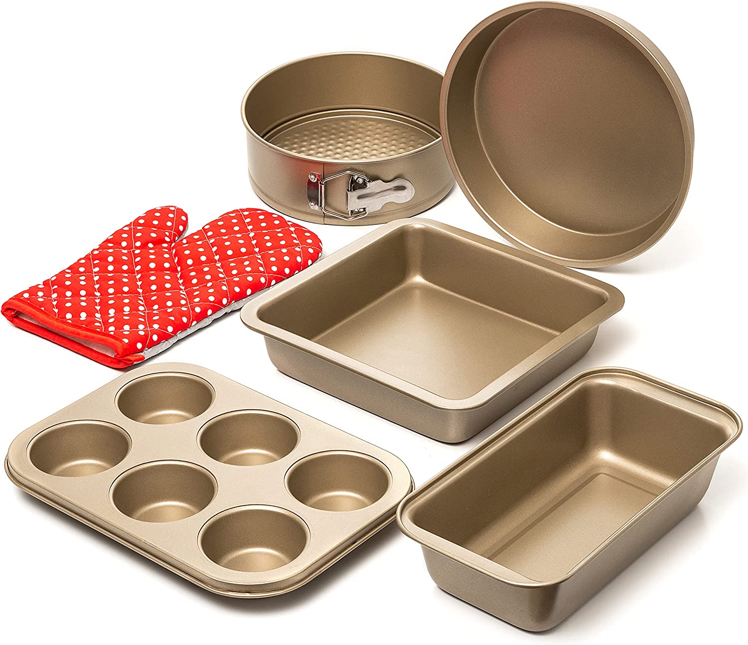 8 Piece Baking Pans Set, Oven Safe Baking Sheet Set Carbon Steel Non-Stick PTFE Coating With Heat Red Silicone Handles, Black Baking Trays