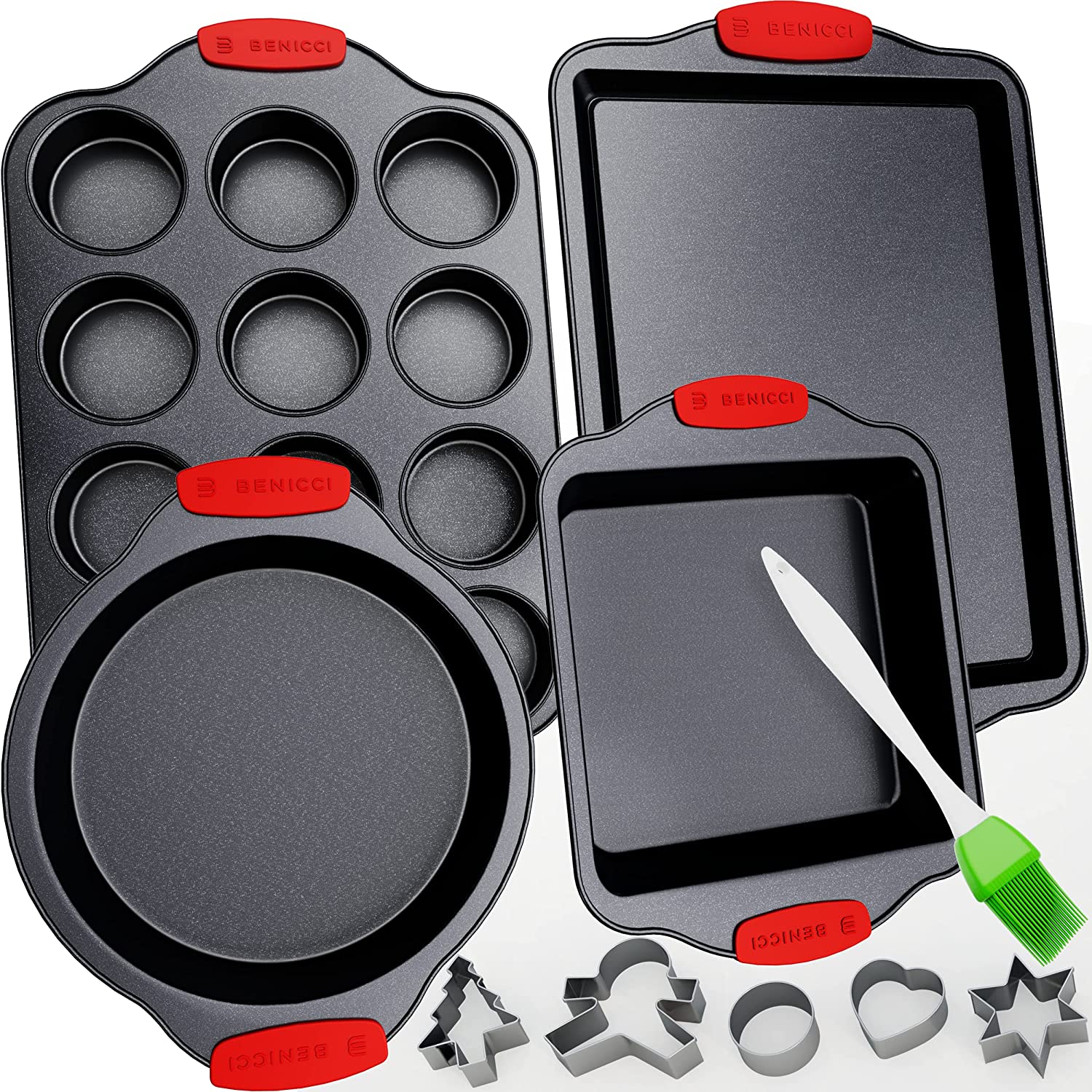 Premium Non-Stick Baking Pans Set of 4 - Includes Baking Sheet, 12 Cup Muffin Tin, Square Pan and Round Cake Pan - BPA Free, Heavy Duty, made w/ Carbon Steel - Complete Bakeware Set for Your Kitchen