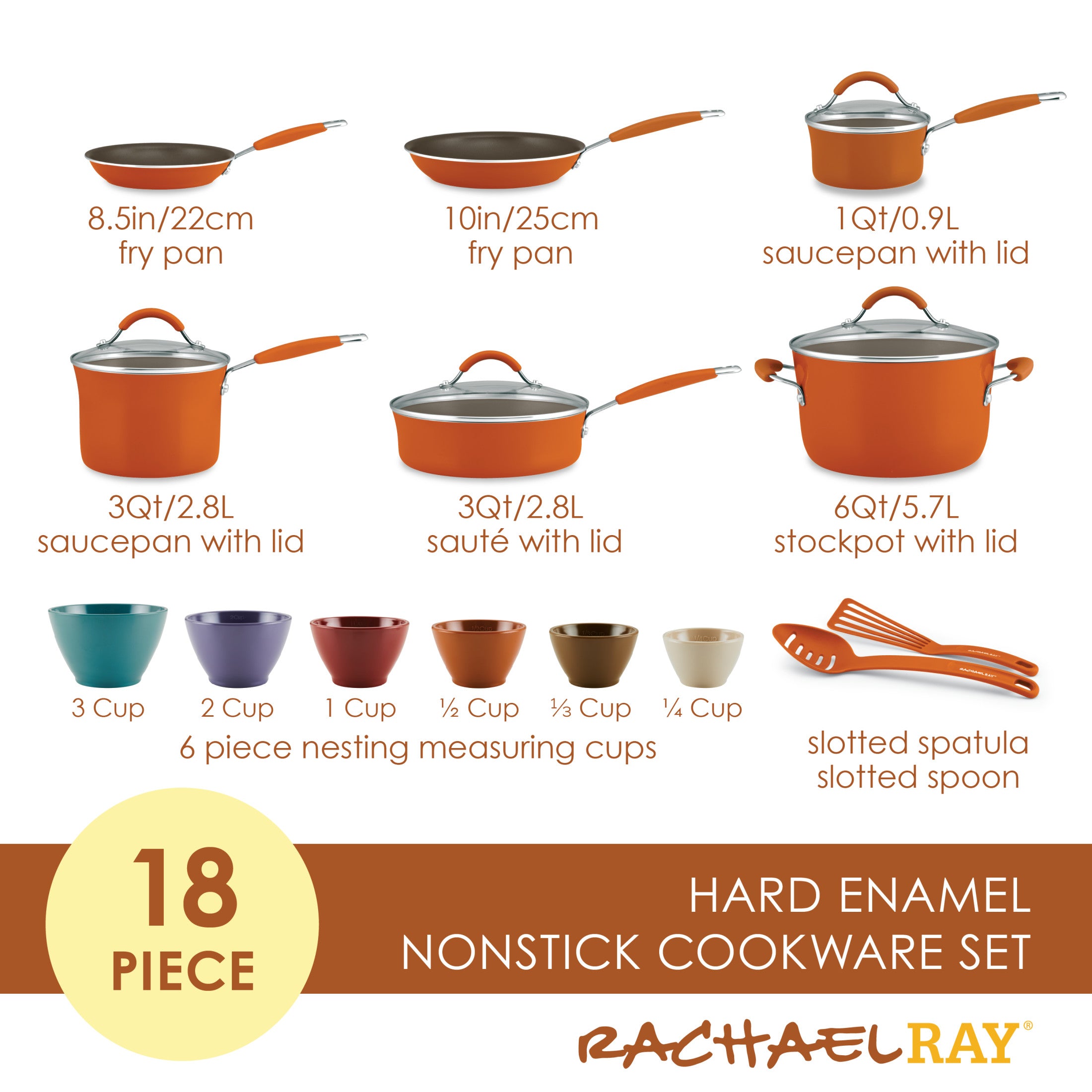 Rachael Ray Cucina Hard Enamel Nonstick Cookware and Measuring Cup Set, 18-Piece, Orange