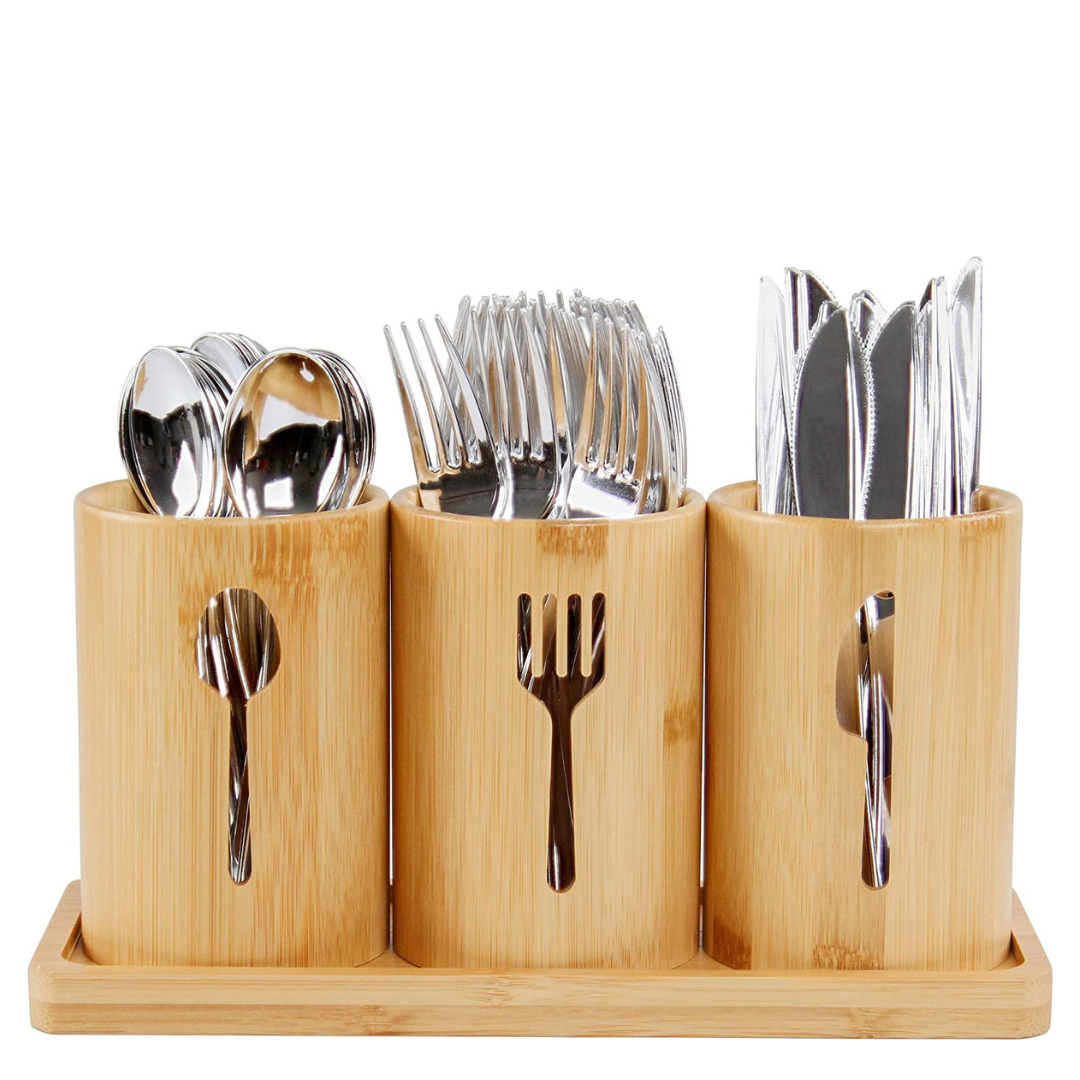 Lodge Standing Utensil Organizer Caddy - 3 Cup Bamboo Countertop Utensil Holder for Party Camping and Kitchen