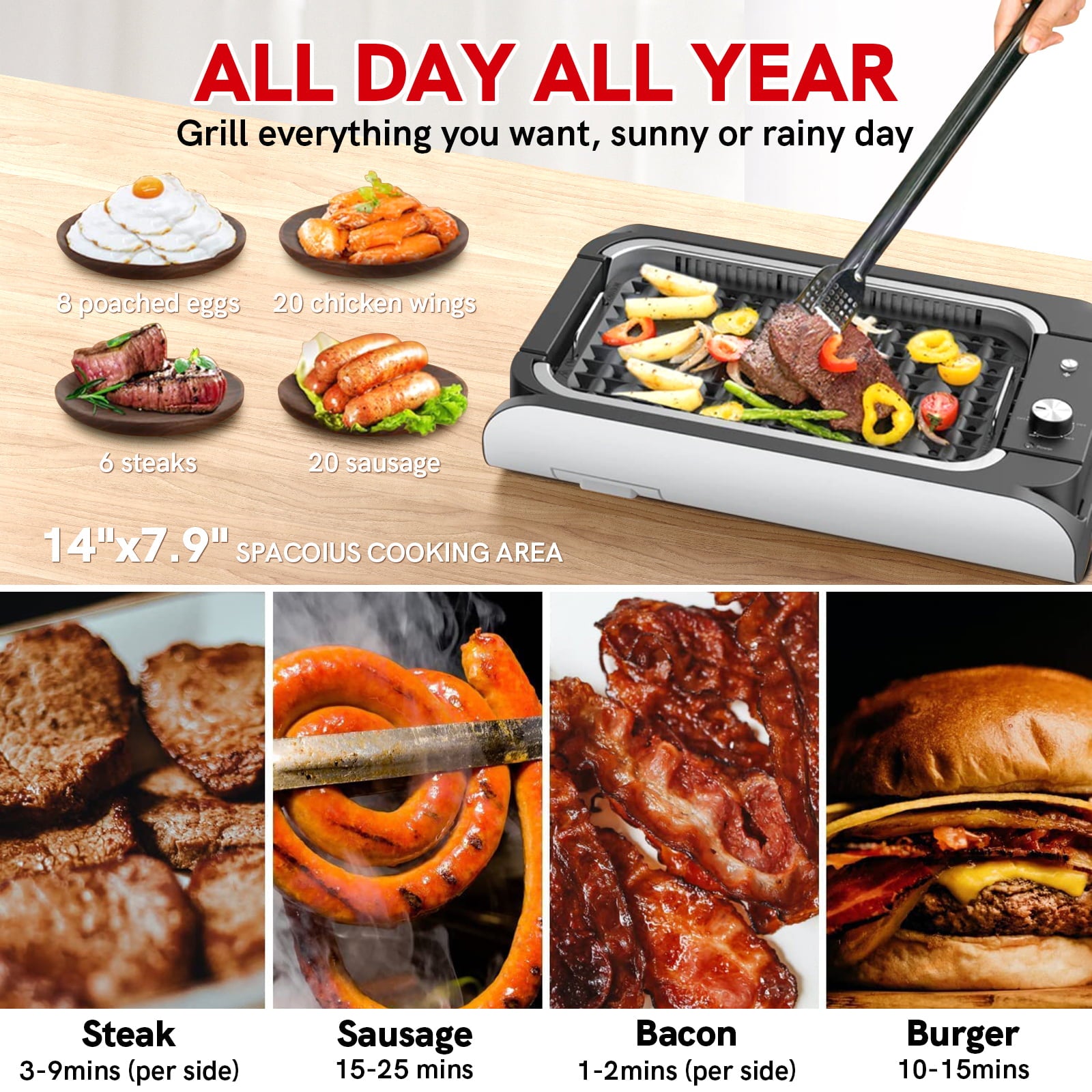 CalmDo Electric Grill, Smokeless Indoor Grill with Tempered Glass Lid, Large Surface and Removable Nonstick Grill, Fast Even Heating/Machine Washable for Garden, Balcony, Travel