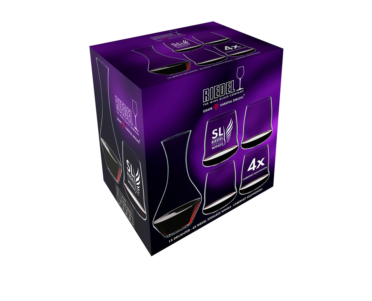 Riedel Stemless Wings Set, 4 Cabernet glasses & 1 Merlot Decanter