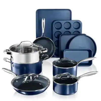 GRANITESTONE Classic Blue 10-Piece Aluminum Ultra-Durable Non-Stick Diamond Infused Cookware Set with Glass Lids