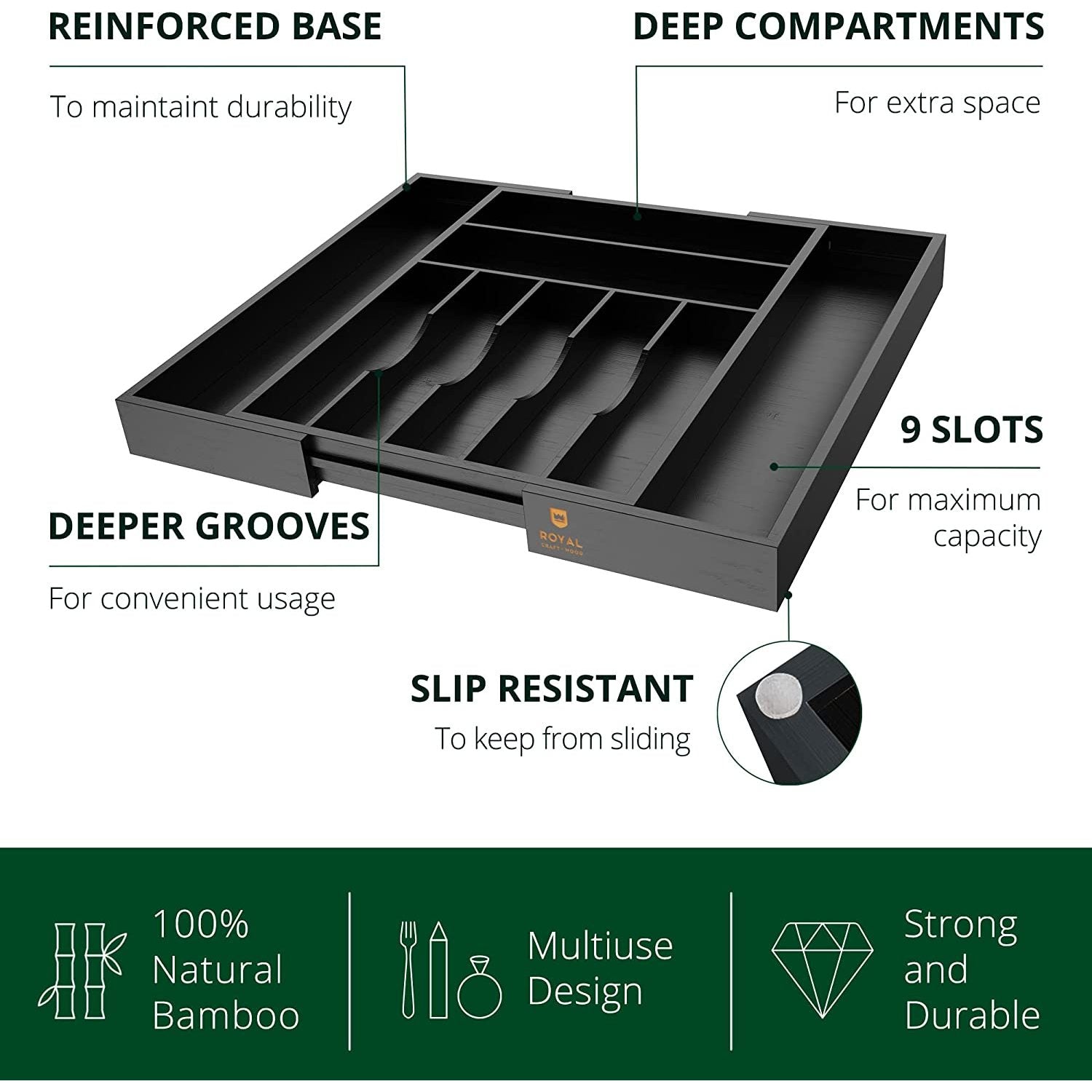 ROYAL CRAFT WOOD Luxury Bamboo Kitchen Drawer Organizer - Silverware Organizer