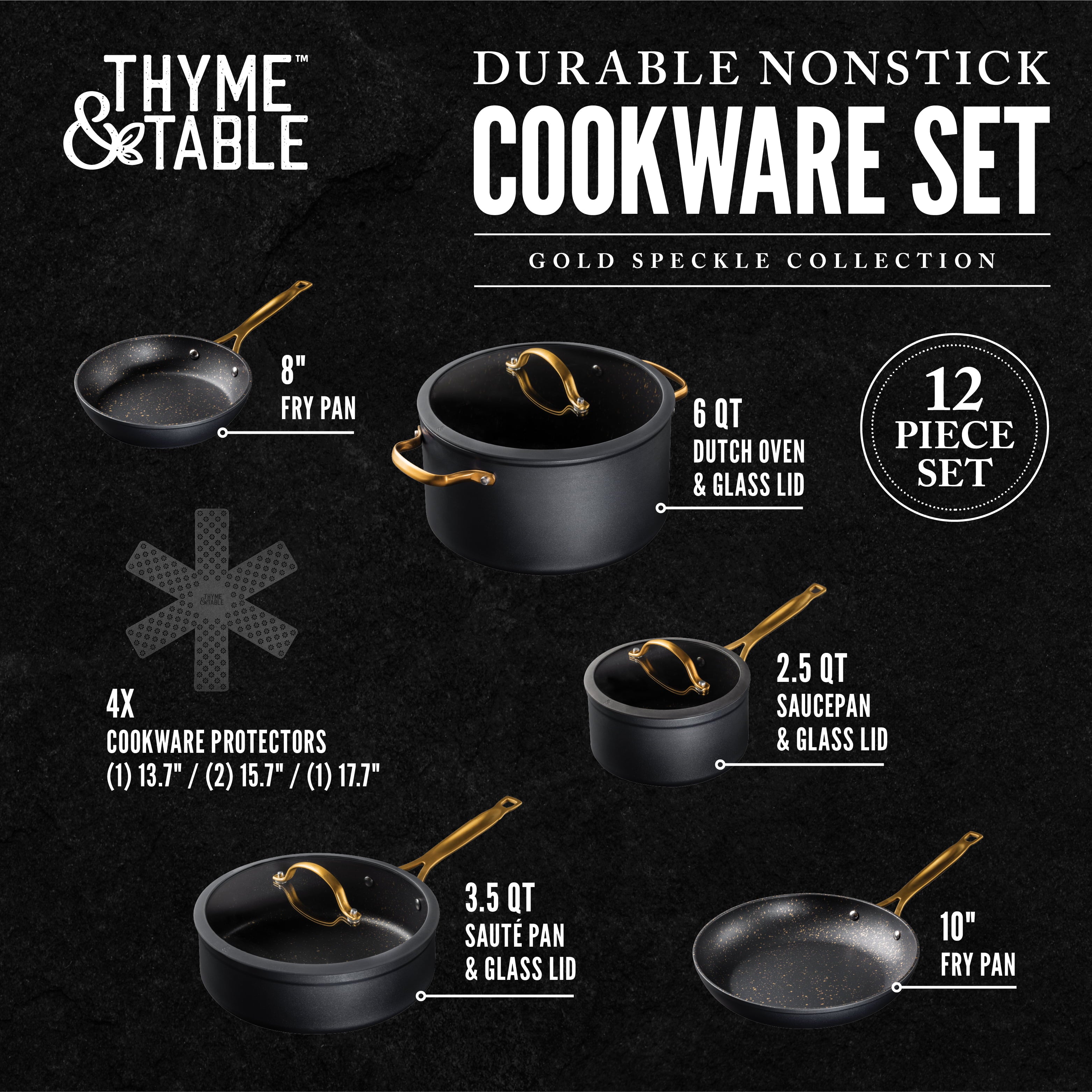 Thyme & Table Non-Stick 12 Piece Gold Pots And Pans Cookware Set