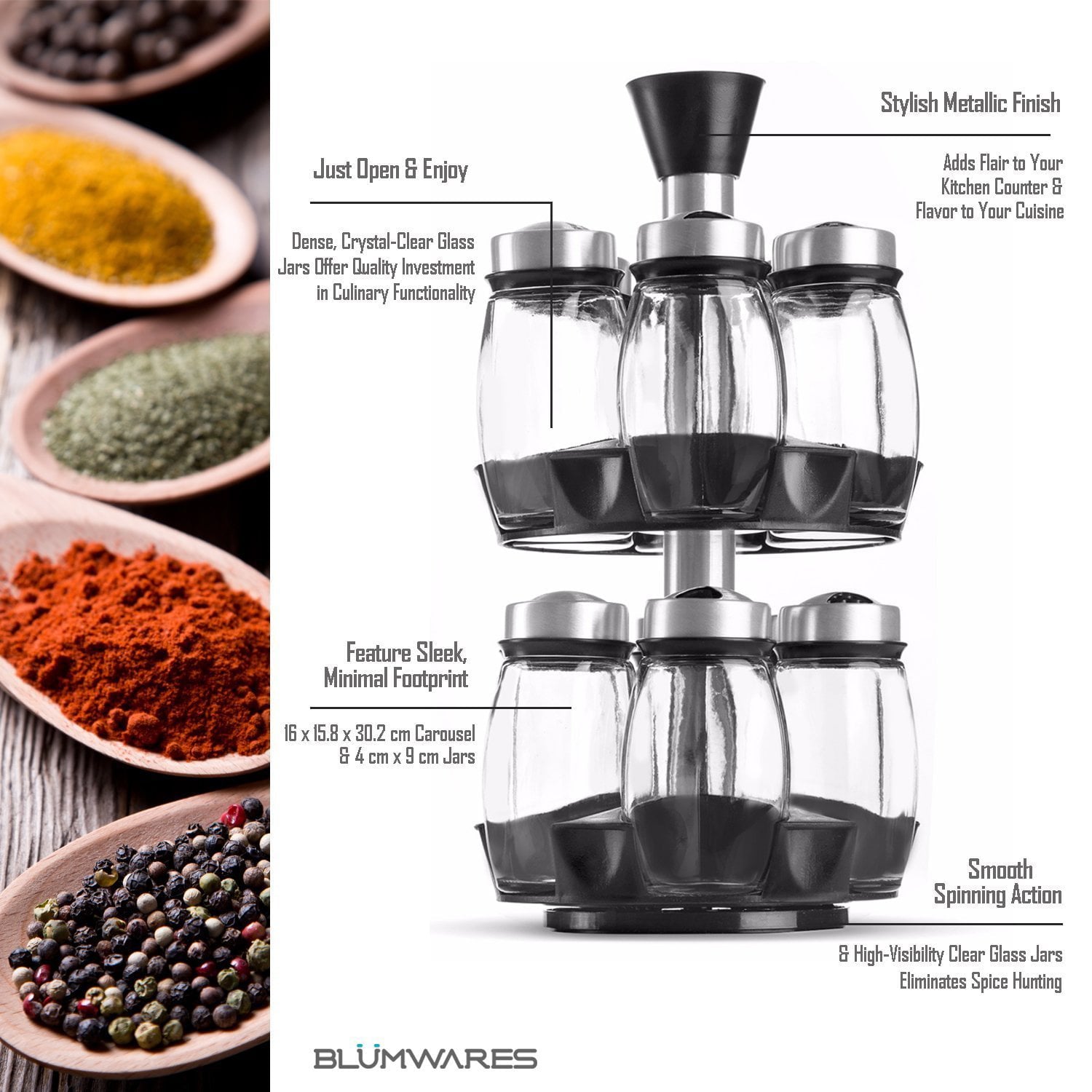 Belwares Spice Jar Rack, 12 Durable Glass Jars in Sleek & Attractive Carousel