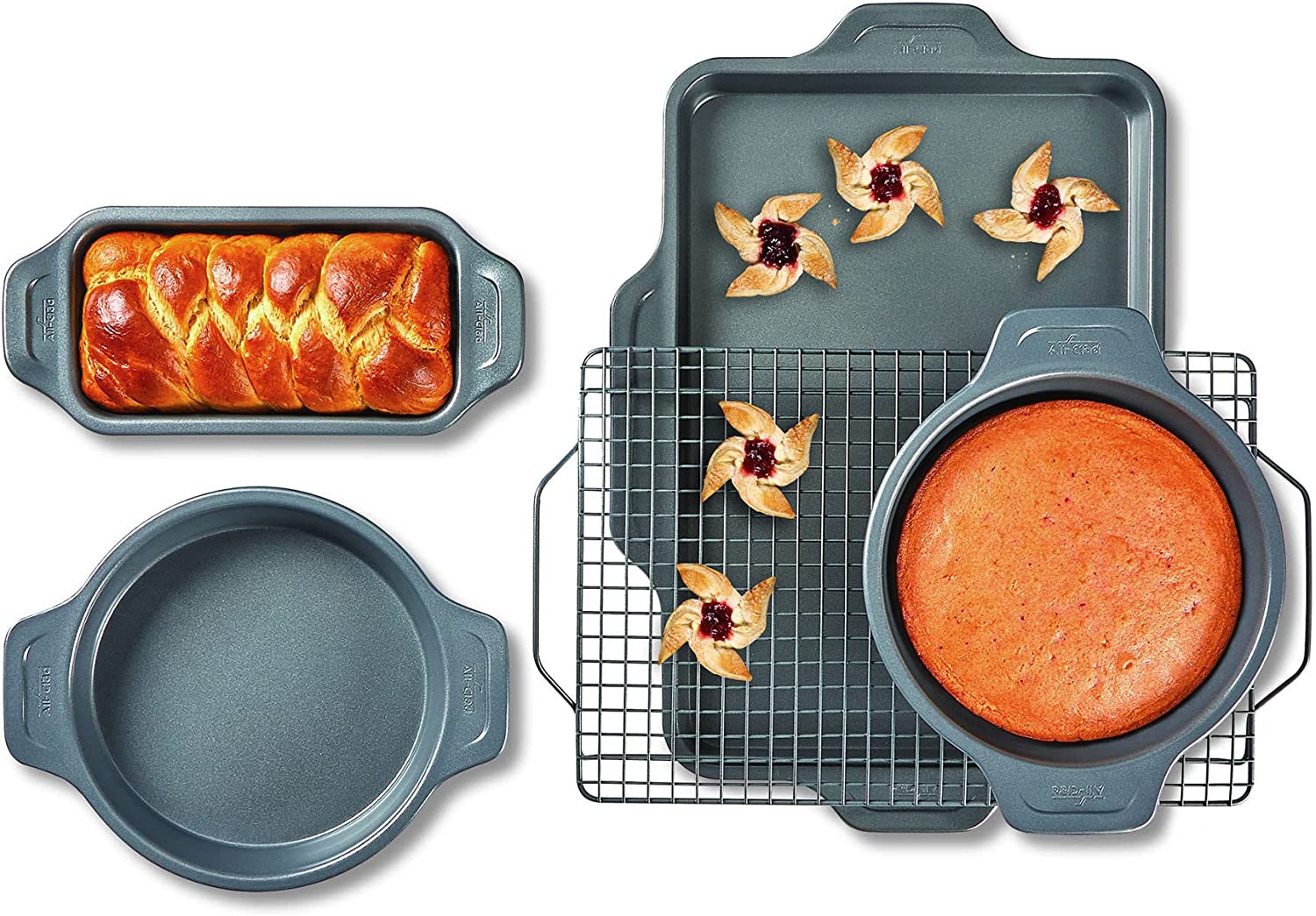 All-Clad Pro-Release Nonstick Bakeware Set Including Round Cake, Loaf Pan, Cooling & Baking Rack, 5 piece, Gray