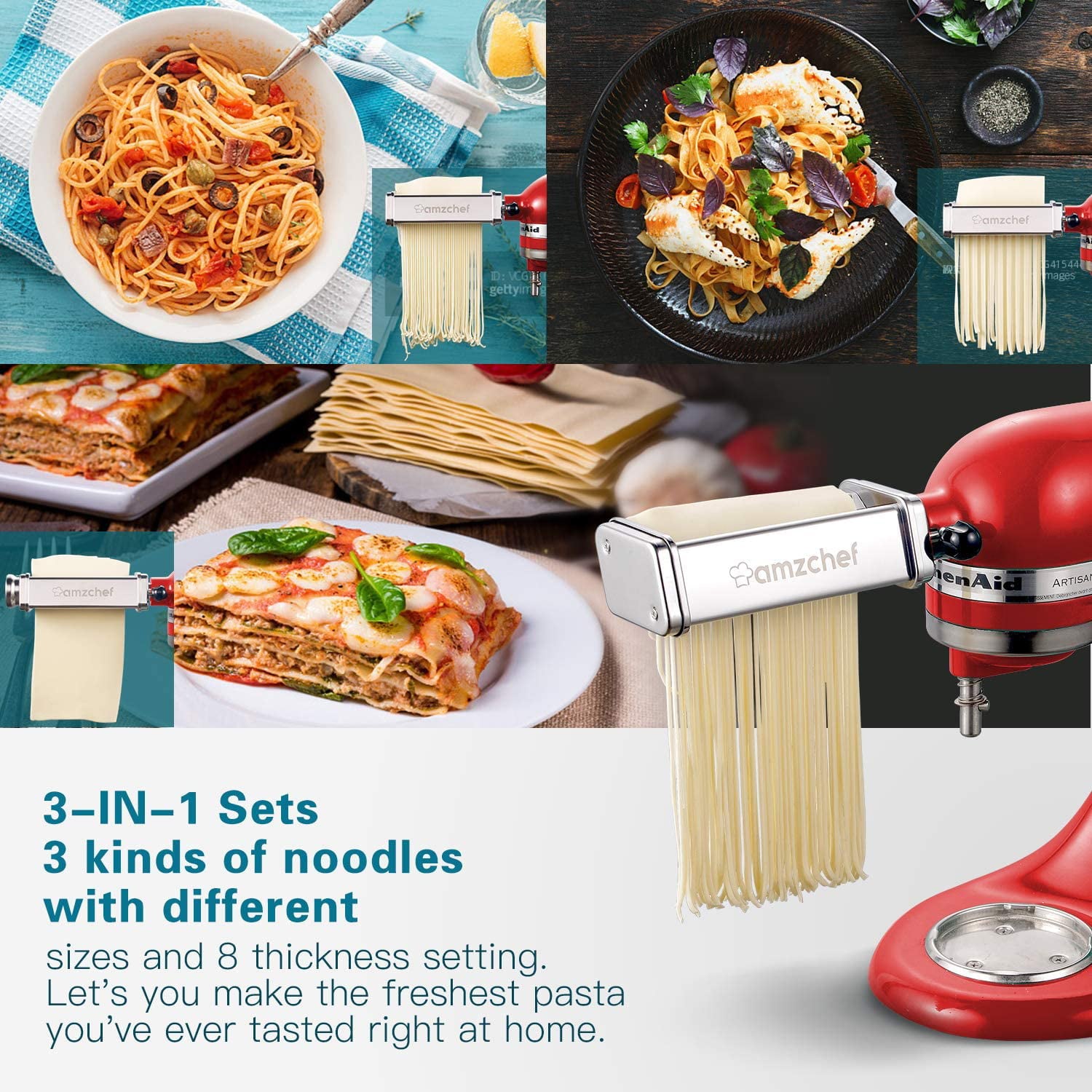 amzchef Pasta Maker Attachments Set for KitchenAid Stand Mixers, Fettuccine Cutter