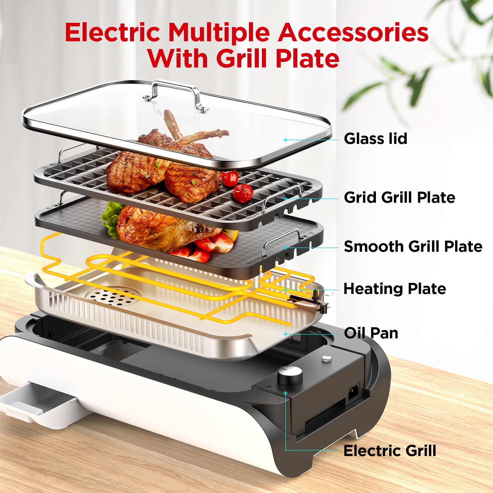 CalmDo Electric Grill, Smokeless Indoor Grill with Tempered Glass Lid, Large Surface and Removable Nonstick Grill, Fast Even Heating/Machine Washable for Garden, Balcony, Travel