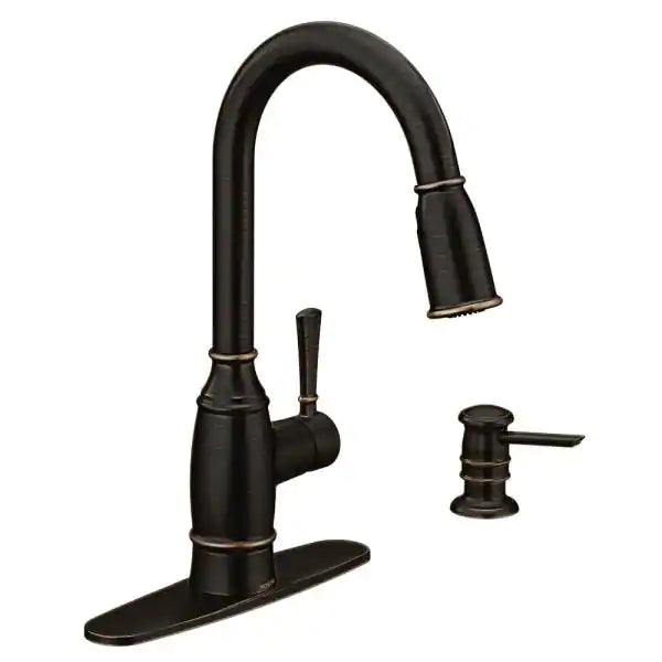 MOEN Noell Single-Handle Pull-Down Sprayer Kitchen Faucet with Reflex, Soap Dispenser and Power Clean in Mediterranean Bronze